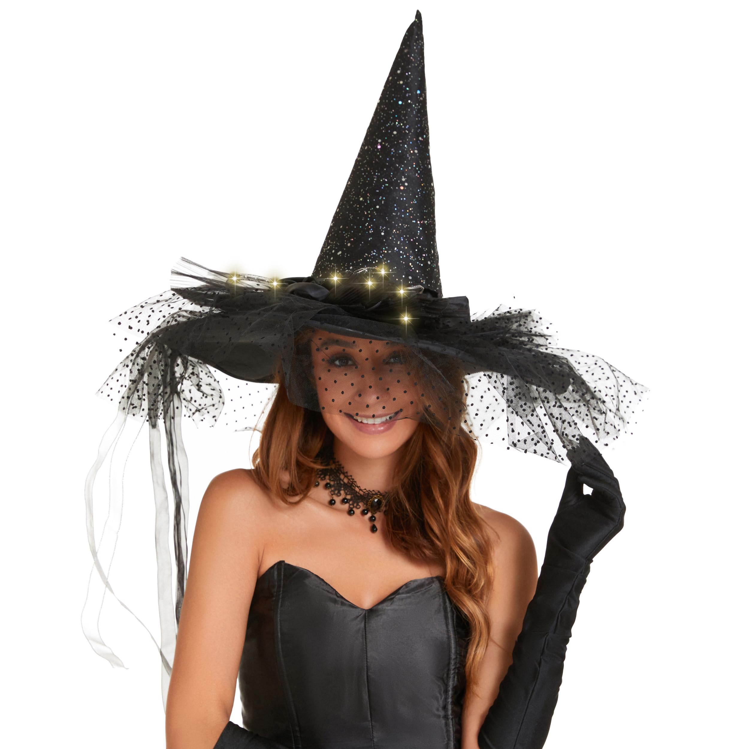 QinYing Black Halloween Costume LED Light Witch Hats for Women Steeple Top with Lamp for Party Black