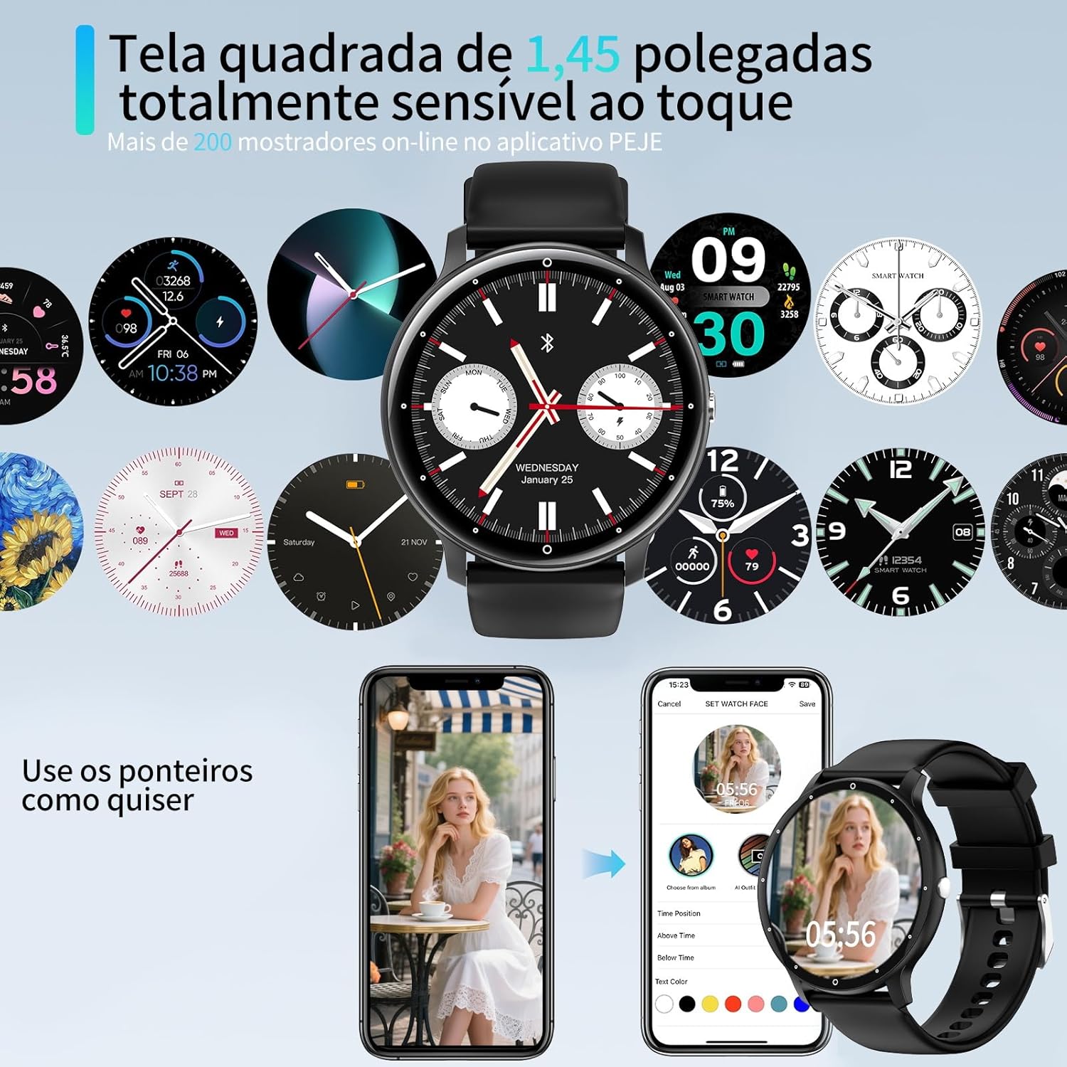 81Xyu4L1wEL._AC_SL1500_ Smartwatch PEJE 1.39 Polegadas - Tela Touch Sensível,À Prova d'Água IP68,123 Modos Esportivos,Faz/Recebe Chamadas,Notificações,Assistente por Voz IA,Unissex - Compatível com Android e iOS (Preto)