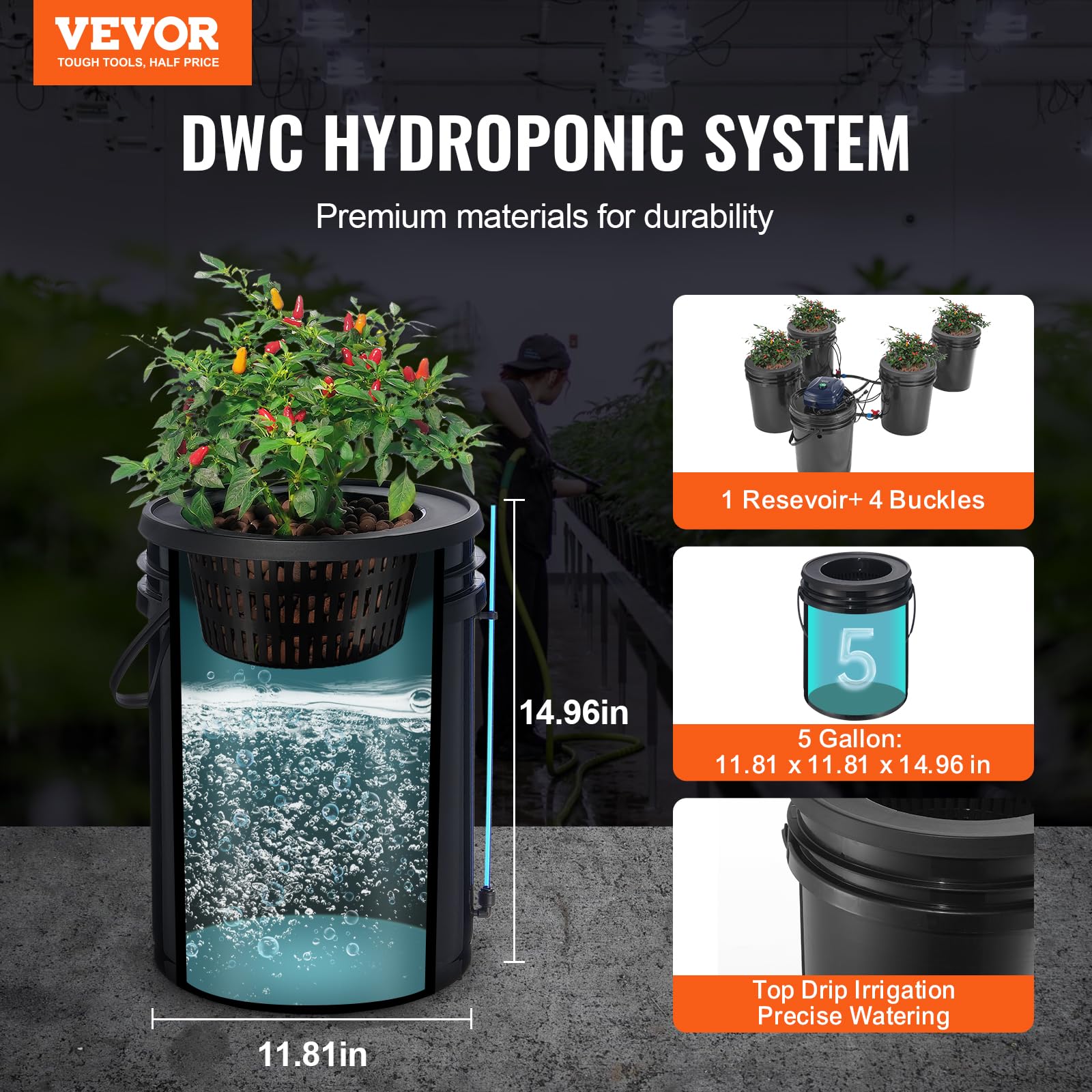 VEVOR Hydroponiczny system uprawy RDWC, górny zestaw do kroplówki, 20-litrowa hodowla głębokiej wody, z pompą powietrza, urządzenie poziomu wody, do warzyw liściastych
