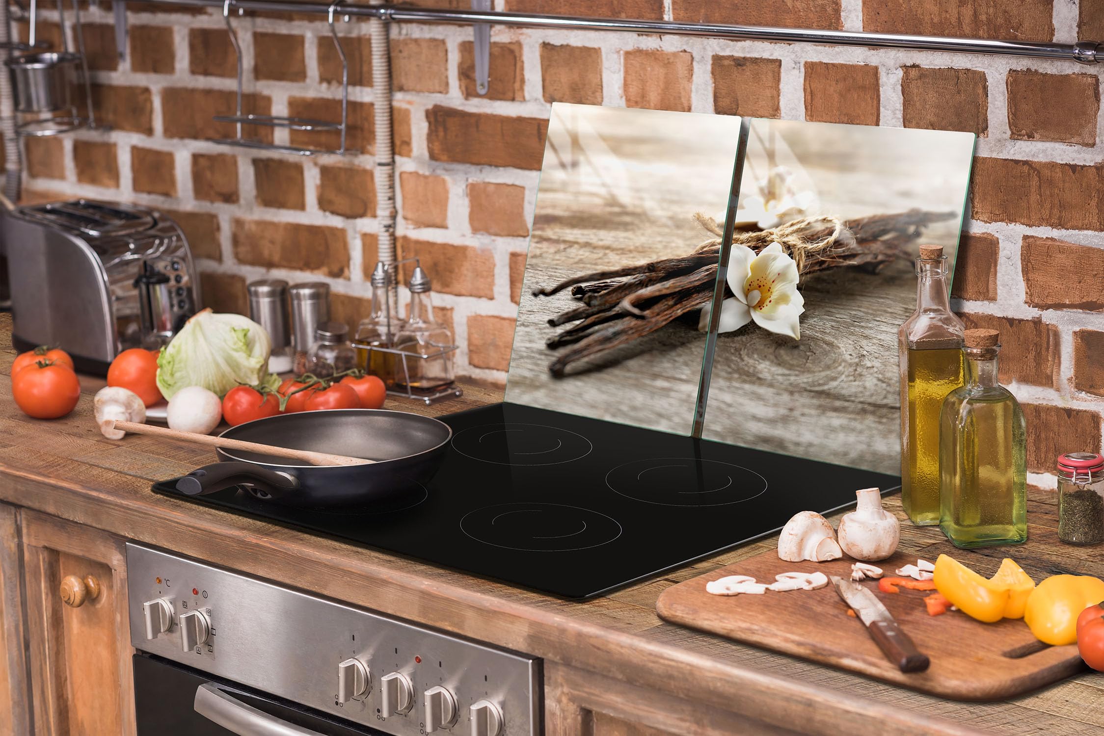 TMK ArtDeko Tabla de cortar decorativa de cristal templado y cubre vitro, Placa protectora de vitrocerámica 65 x 52 cm 2 piezas, para inducción, protección contra salpicaduras, Vainilla