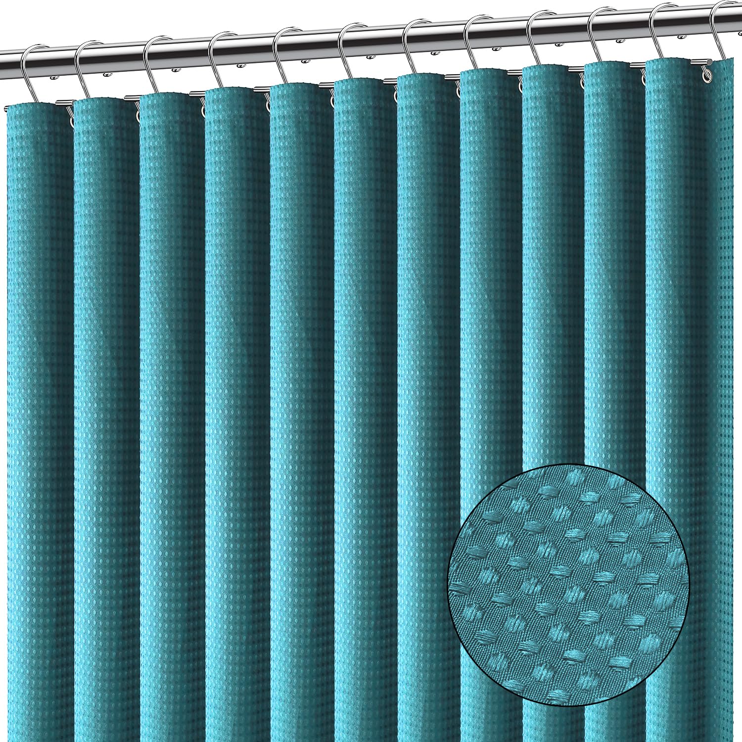 Clara Clark Teal Waffle Shower Curtain - Water Resistant Bathroom Curtain, 71 x 71 Inch, Unlined, Grommet Top