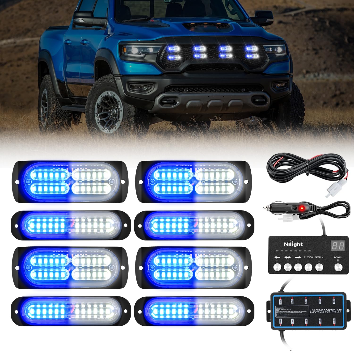 Nilight 8PCS Led Strobe Lights with Controller 12V 24V Sync Blue White