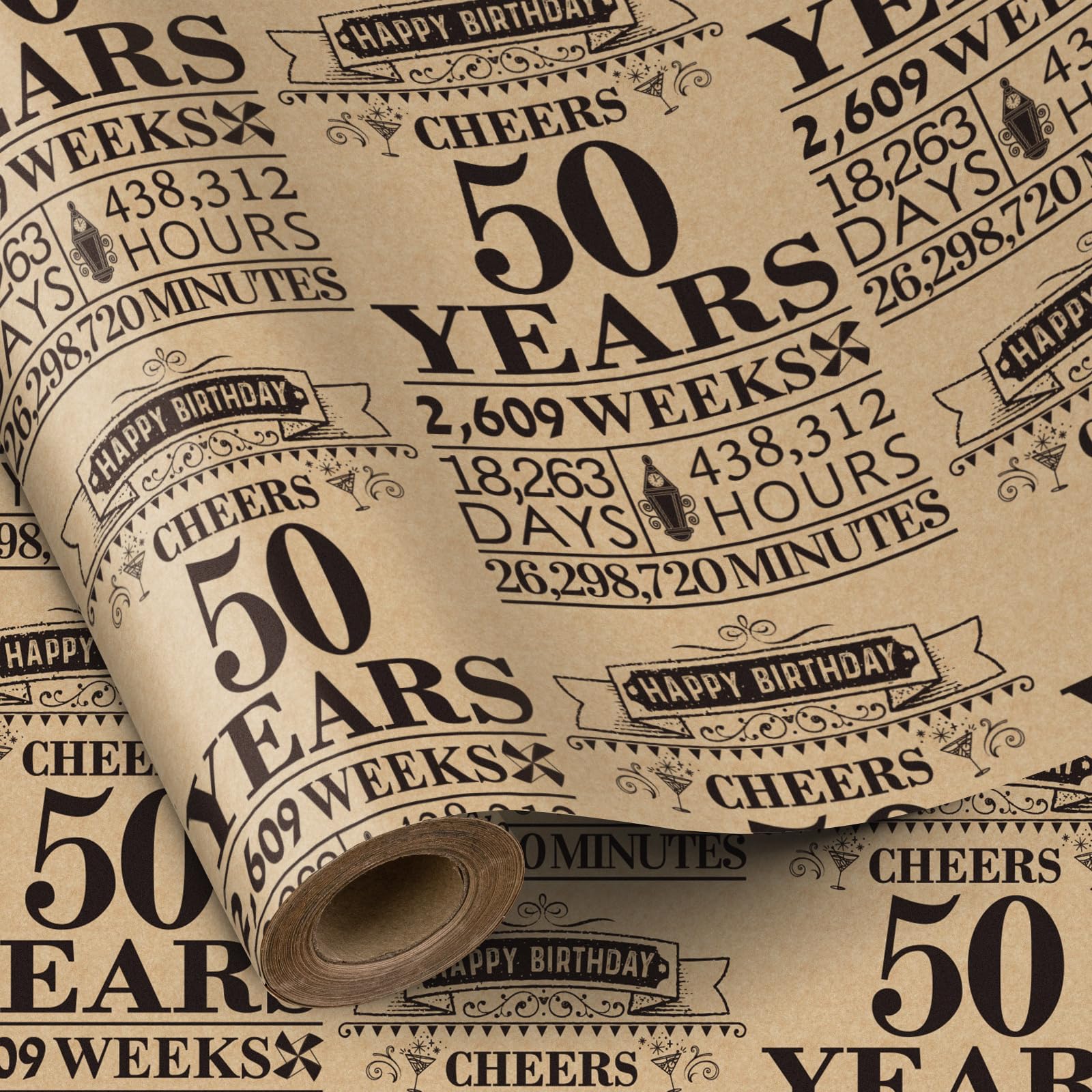 RUSPEPA 50th Birthday Wrapping Paper Roll, Black Design, 17 Inches x 16.4 Feet, 1 Count (Pack of 1), Perfect for Birthday, Party, Holiday Gifts