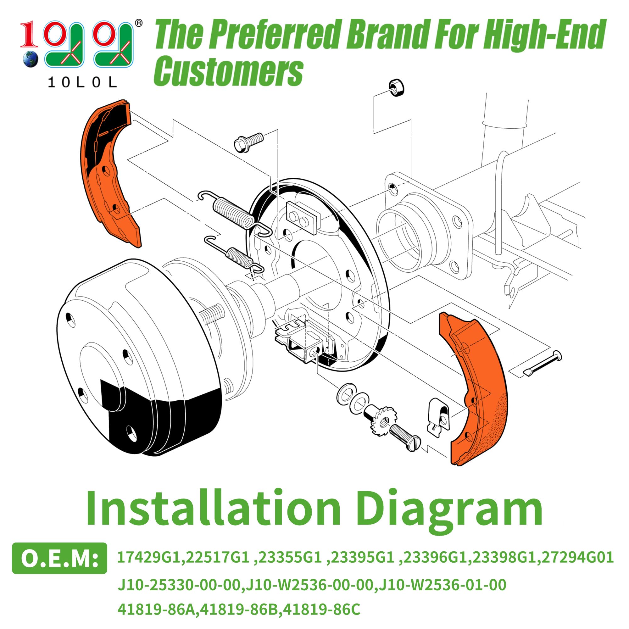 10L0L Golf Cart Brake Shoes, Replacement Brake Pads for Club Car DS&Carryall(Manual Adjust) 1981-1994, for EZGO G&E 1982-1986, for Yamaha G1 1979-1981, Columbia Par Car G&E 1986-2017