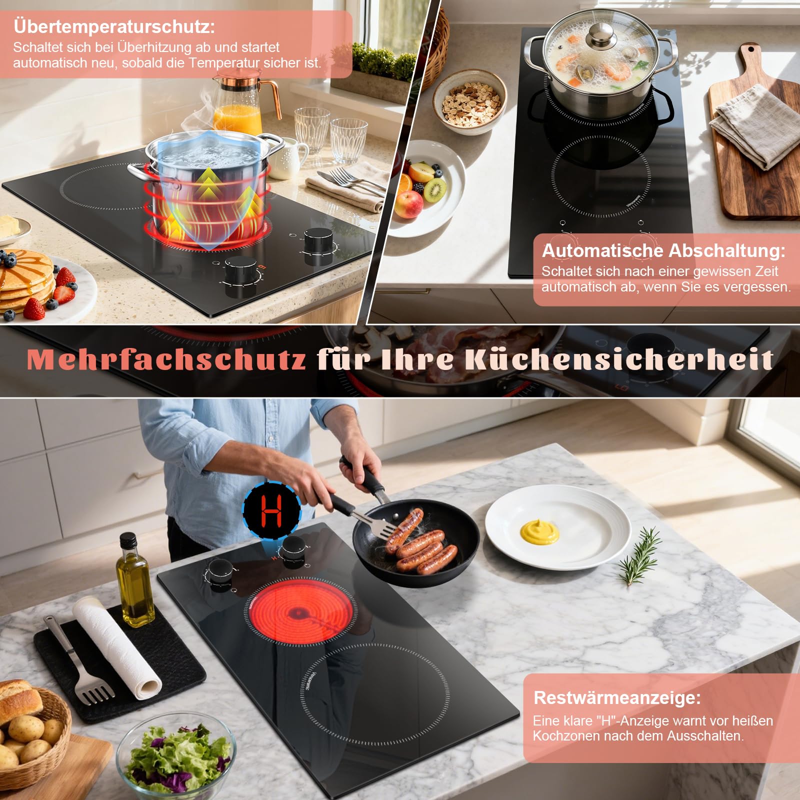 Glaskeramik-Kochfeld, 2 Zonen, Einbau-Elektroherd, 30cm, 3000W, 220-240V | Mit Drehreglern, 2 Platten, 9 Leistungsstufen, Restwärme-Erinnerung