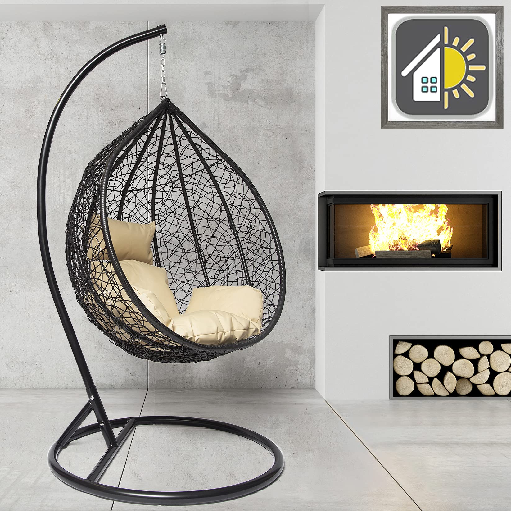 GOODS EMPORIUM Premium Hanging Egg Chair Outdoor Garden Swing Chair Hammock Chair with Cushions - FREE COVER INCLUDED (Large, Black - Black - Beige)