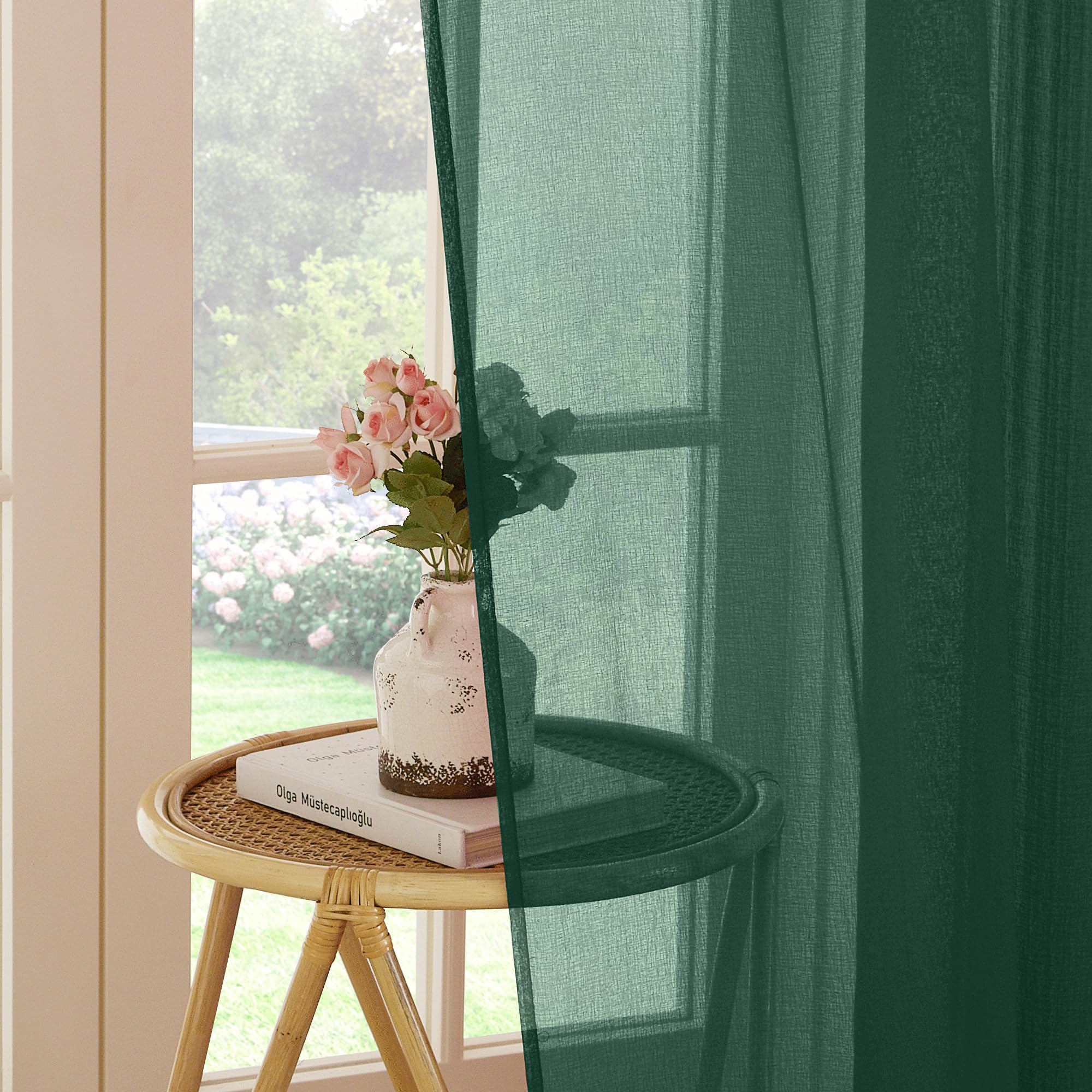 PONY DANCE Tende Corte per Cucina Filtraggio Luce Morbida Tende per Interni Moderne con Fettuccia Decorazione Voile Curtains Trasparenti 2 Pezzi L 140 x A 160 cm, Verde Scuro