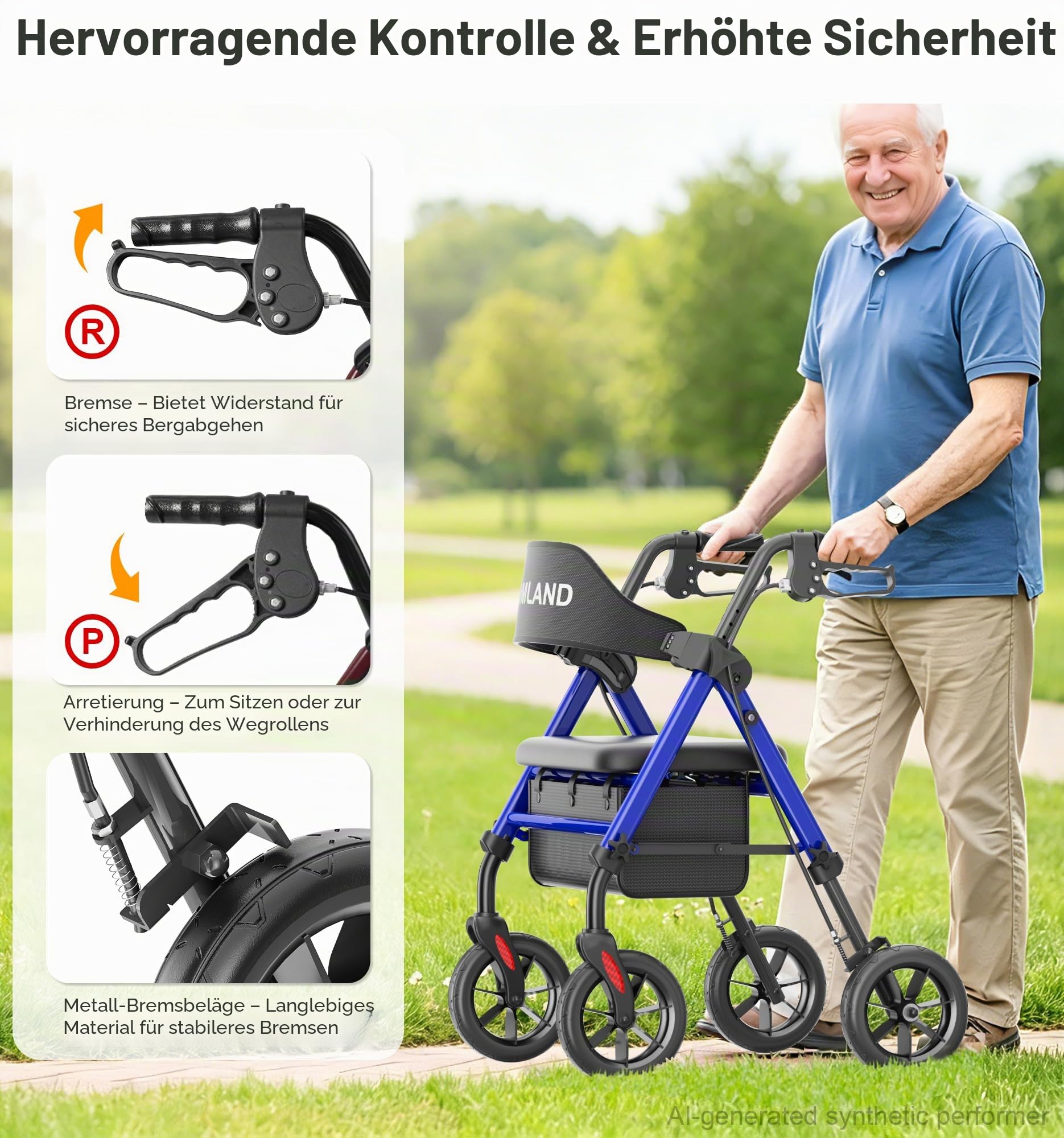 HOMLAND Rollator faltbar und leicht mit Sitz, Tasche und Getränkehalter | Doppelquerstrebe Walker mit Tasche, Rollatoren schmal für Wohnung mit 20 cm All-Terrain-Reifen, Sitz & Griff höhenverstellbar
