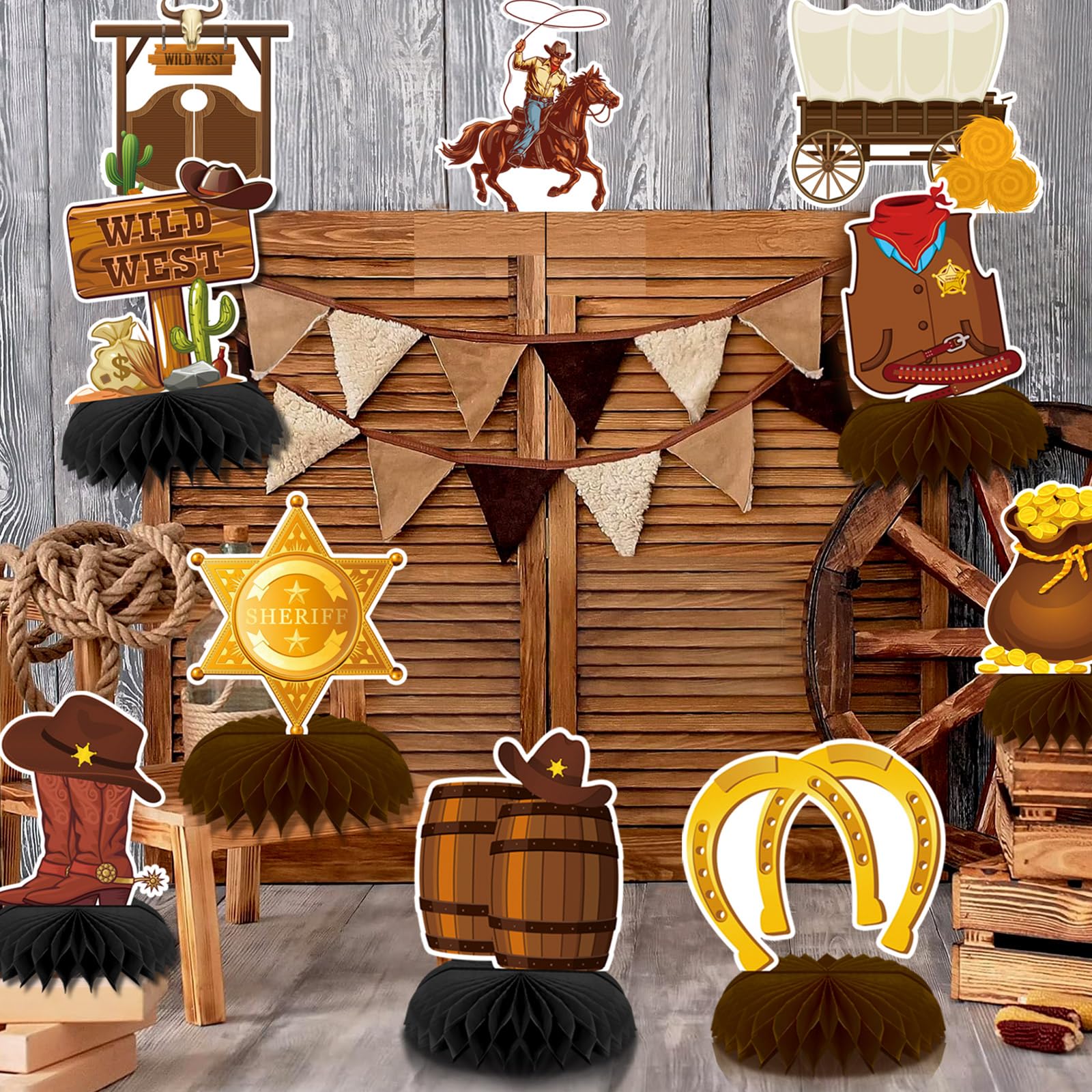 10 piezas de decoración de fiesta occidental, centros de mesa de panal de abeja de vaquero
