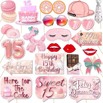 22 Pcs Mis Quince 15th Birthday Party Photo Booth Props Kit, Sweet 15 Selfie Decorations, Spanish Quinceanera Birthday Party Photography Supplies