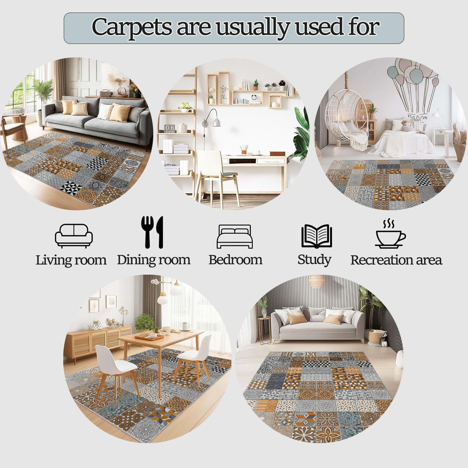 Tapis à poils ras de salon 100 x 150 cm, Antique Brun Lavable en Machine Carreaux De Céramique Géométriques Floraux Mailles Imprimé moquette, Pare-humidité Antidérapante Doux Tapis pour Salle à manger
