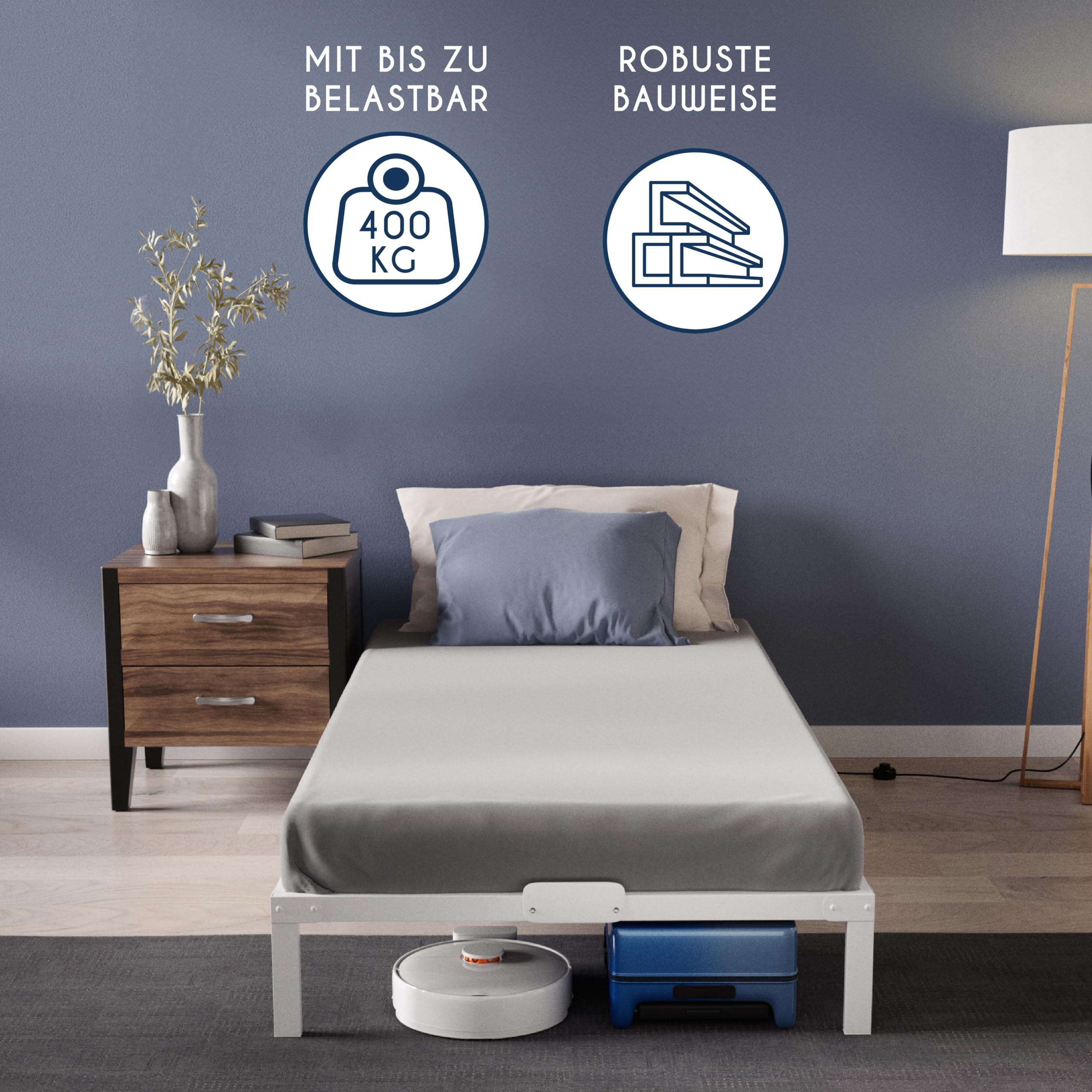 Dreamzie Bett 100x200 mit Lattenrost aus Metall - Seniorenbett 100x200 für Matratze Einzelbett, Höche 35 cm - Großer Stauraum, Leicht zu Montieren und Stabil - Weiß Lattenrost