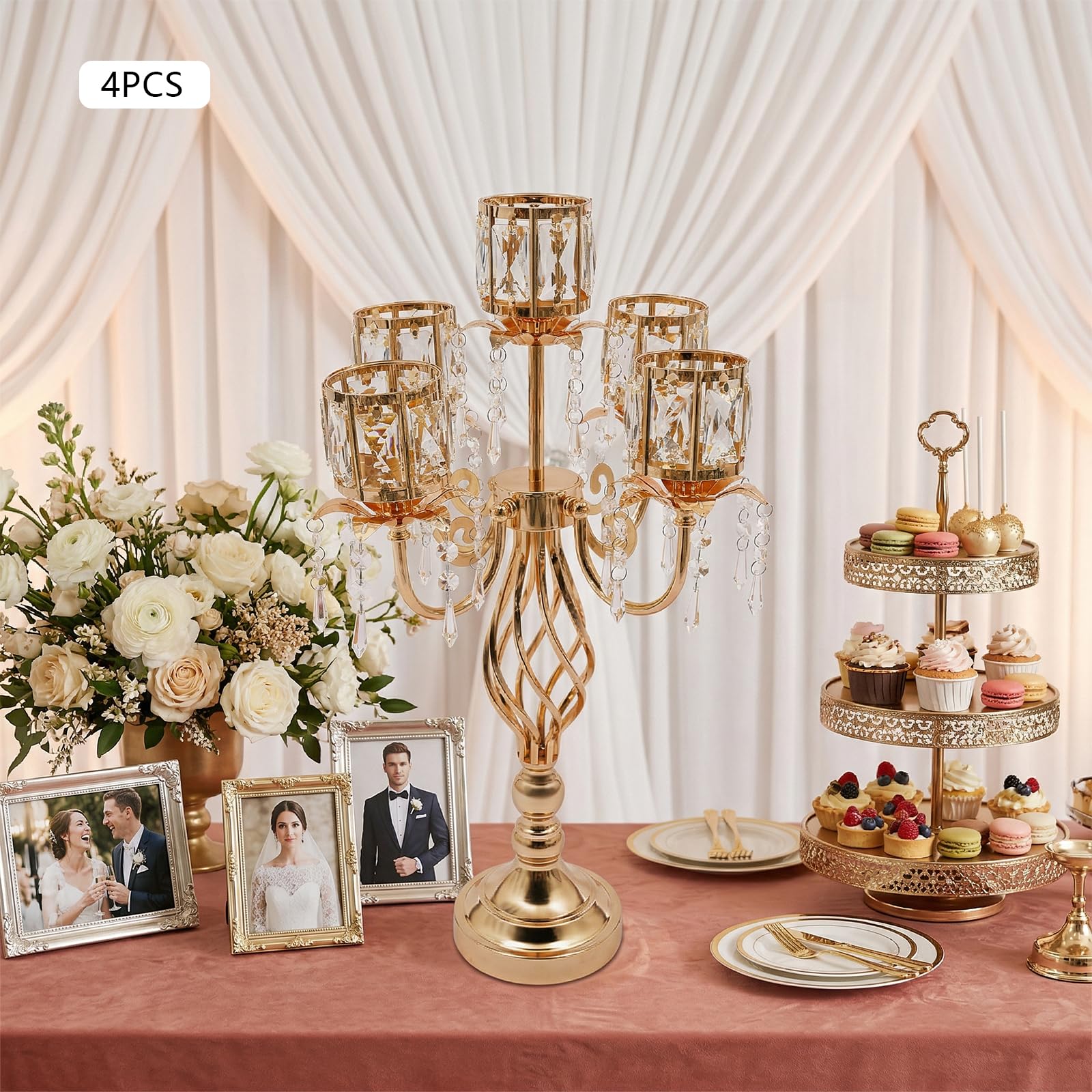 Candelabro de 5 brazos cristal dorado decoración de mesa para boda Navidad salón comedor chimenea velas electrónicas juego de 4