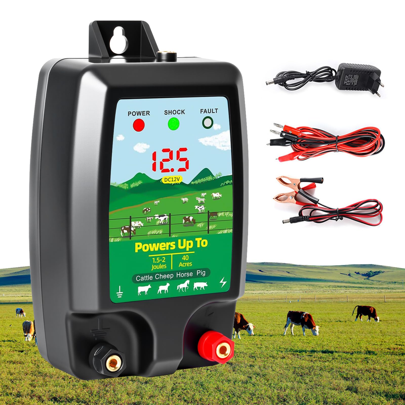Dispositivo de cerca eléctrica de 12 V con pantalla LED, alcance 10 km, 2 julios, 12 kV, para proteger animales de granja, aves de corral, pastos y jardines