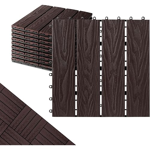 Polymer Composite Interlocking Deck Tiles Outdoor,12x12 Composite Decking Boards for All Weather Use,Waterproof, Poolside,Balcony,Patio(9Pcs,Coffee,9 sqft)