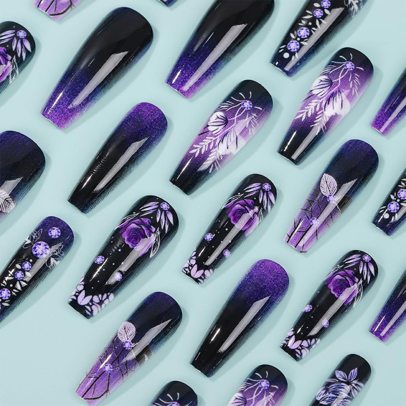 Shimmerz 24 Piece Gradient Purple Floral Pattern Black Purple French Tip False Nails Full Cover French False Nails for Women DIY Manicure - Image 4