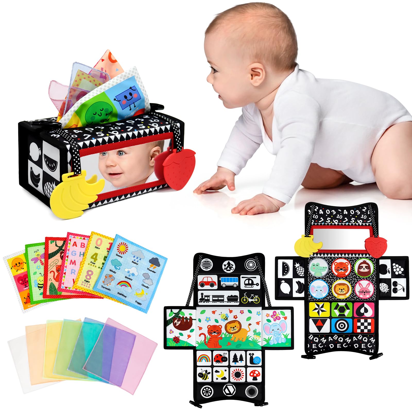 Dr.Rapeti 3in1 Tissue Box Toy, Tummy Time Mirror, Sensory Montessori Toy, Baby Mirror, Black and White High Contrast Set, Silk Scarves, Teethers