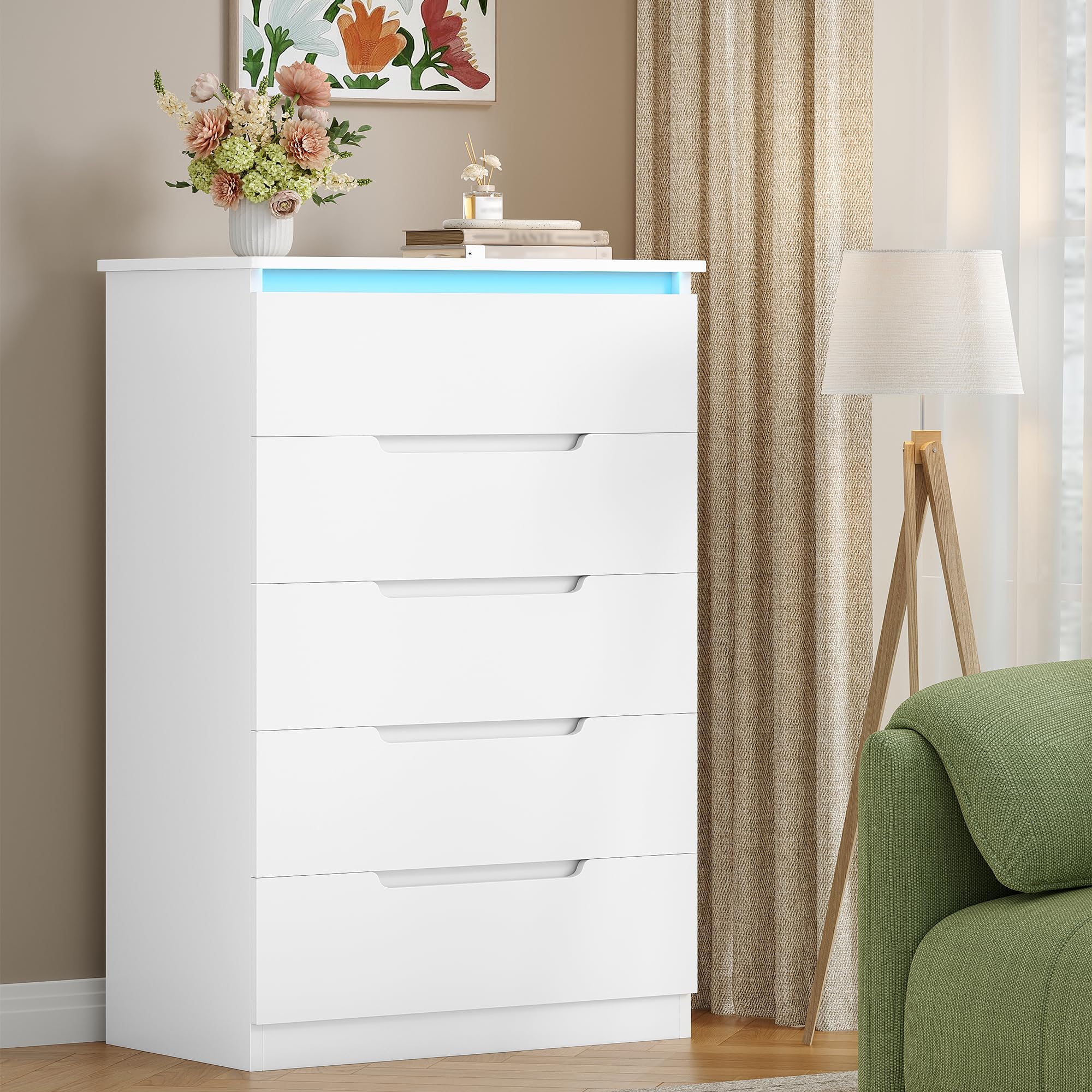 Hzuaneri Cómoda 5 Cajones, Cajonera Dormitorio, Armario Auxiliar con Tira de luz LED, Cómoda Dormitorio, Estilo Moderno, para Salón, Dormitorios, Pasillo, 40 x 60 x 103 cm, Blanco DC01503XEU