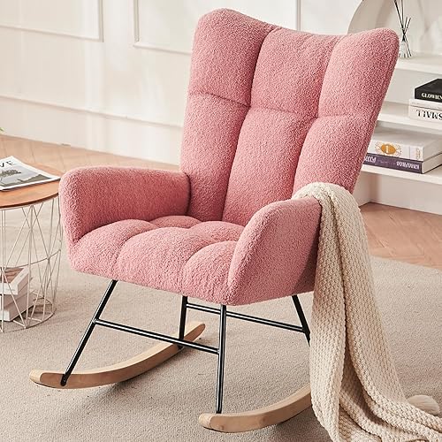 Silla mecedora moderna para cuarto de bebé, silla deslizadora tapizada con respaldo alto, sillón de acento mecedor con patas de madera maciza para