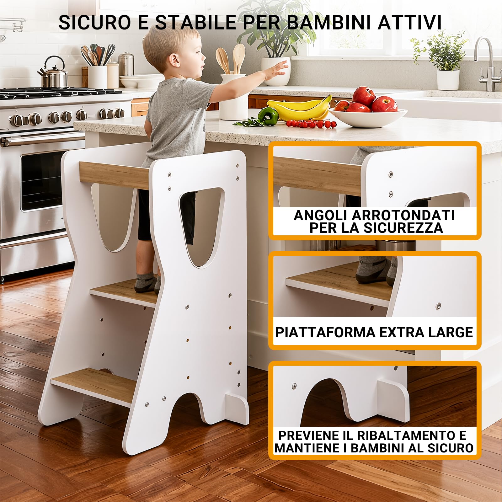COSYLAND Torre Montessoriana Bambini Legno Naturale 3 Altezze Regolabili Bianco e Naturale