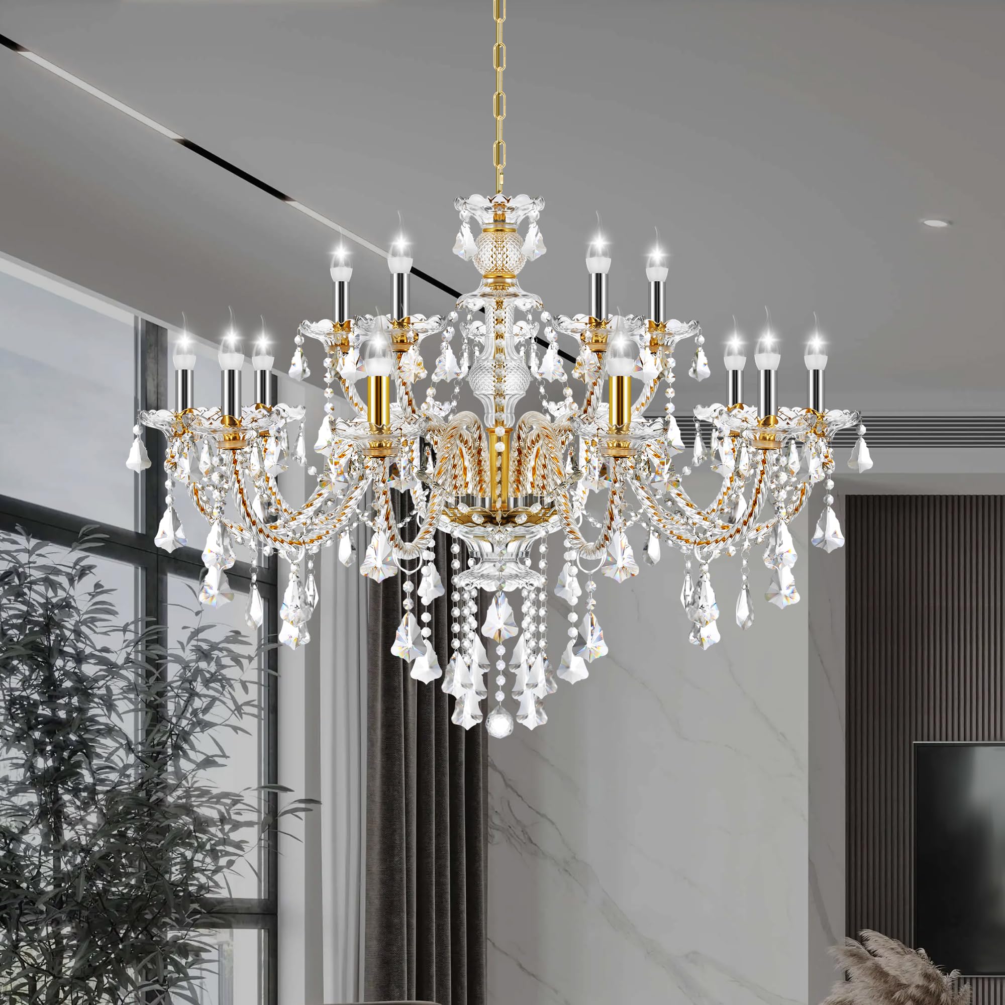Lustre Cristal Baroque Ridgeyard - 15 Lampes E14 - Chaîne Réglable - Pour Salon, Salle à Manger