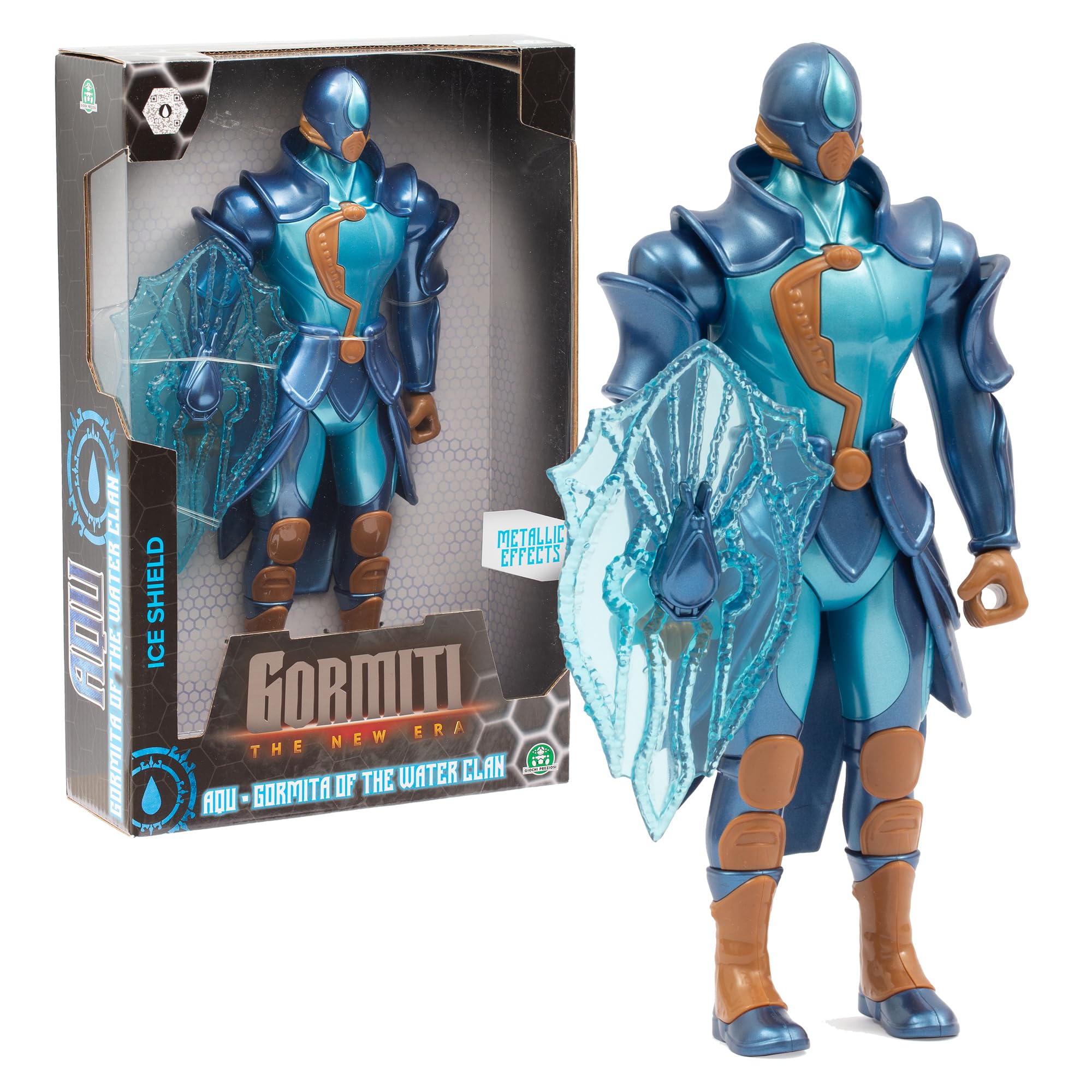 GORMITI THE NEW ERA, Aqu Carter Water Clan Action Figure, 27cm Articulated Hero with Blue Armour and Ice Shield Accessory, Collectible Toy for Kids Aged 4+