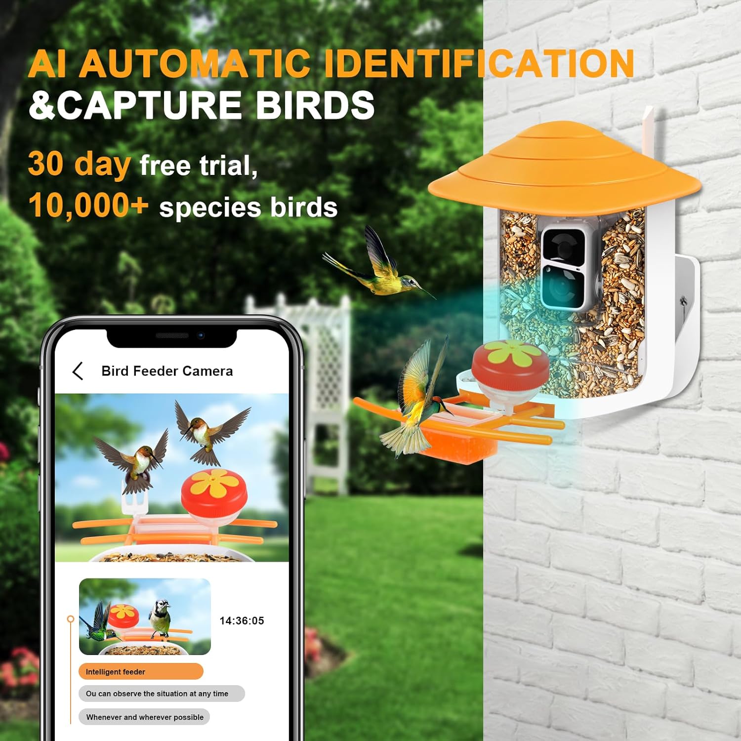 Bird Feeder with Camera,1080P HD,160° Wide Angle,AI Recognition, 1.8L Capacity 32G SD Card, Solar Powered, 50Pcs DIY Bird Stickers for Outdoor Garden