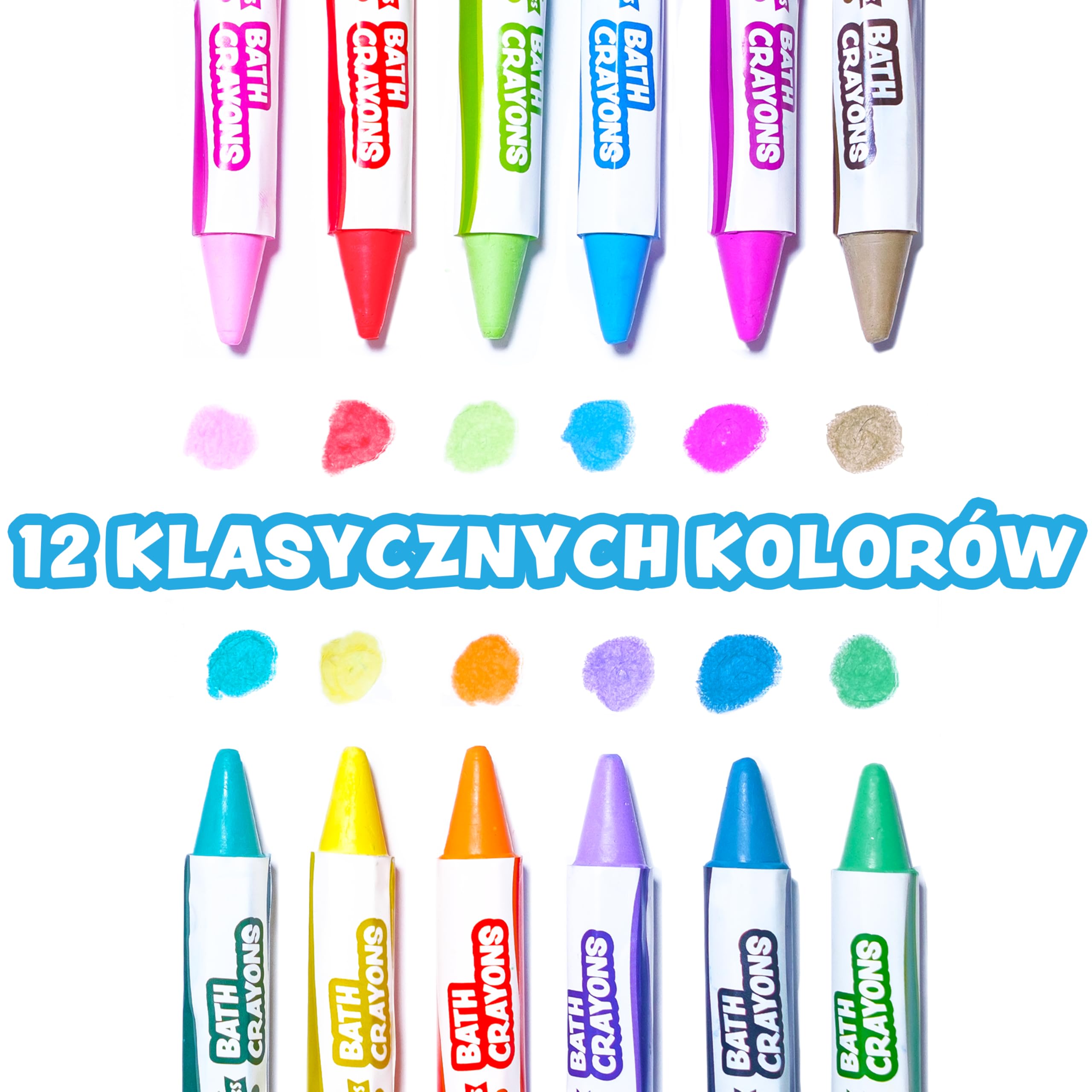 Tub Works® Kredki Do Kąpieli, 12 Sztuk | Nietoksyczne, Zmywalne Kredki do Kąpieli Dla Maluchów & Dzieci | Gładko & Żywo Rysować Na Mokrych & Suchych Ścianach Wanien | Kąpieli z Sześciokątnym Uchwytem