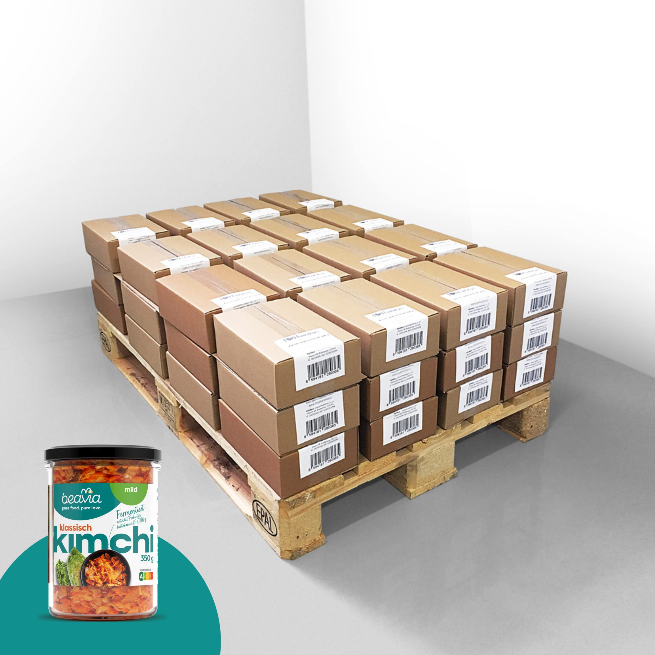 Beavia Kimchi mild - Palette 350g x 216 Stück Original koreanische Geschmack fermentierter Sauerkraut aus Chinakohlsala, Crispy vegan koreanisches Lebensmittel ohne Konservierungsmittel