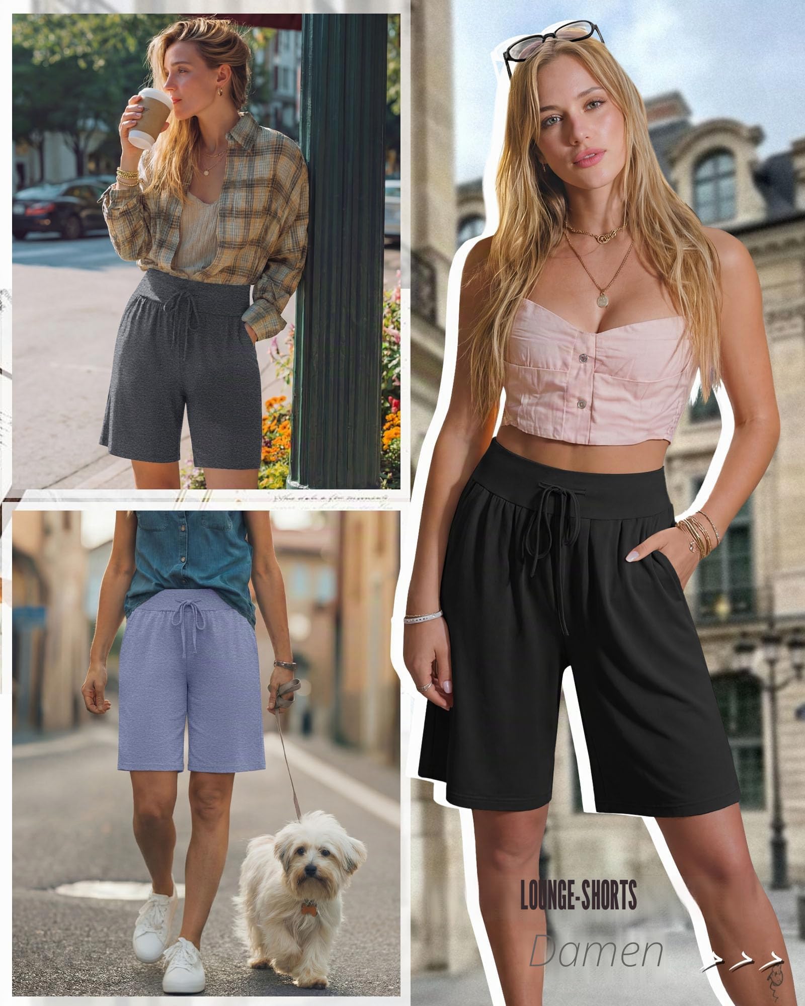 Neer 3er-Pack Bermuda-Shorts für Damen, Weites Bein, Hoher Bund, Kordelzug, Sportshorts mit Tasche