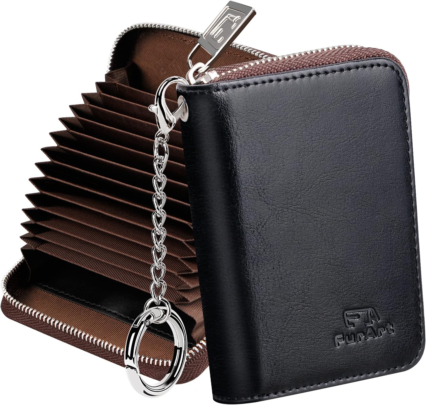 FurArt Credit Card Wallet, Zipper Card Cases Holder for Men Women, RFID Blocking, Key Chain,Compact Size (black 01)