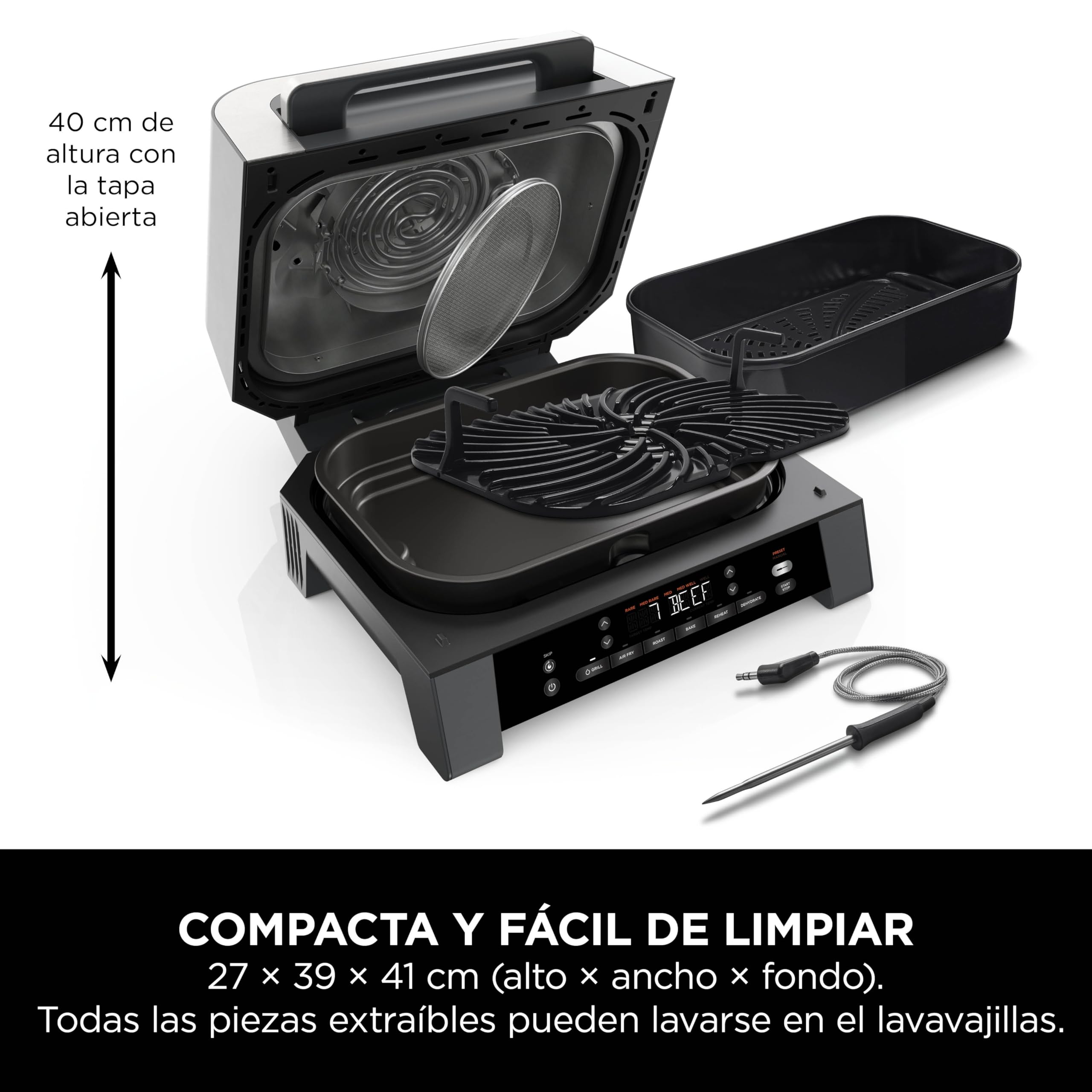 Ninja MAX 6 en 1 Freidora de aire y parrilla de interior, 6 funciones de cocción sin humo, cocina hasta 6 hamburguesas, capacidad de 3,8 l, incluye termómetro digital para carne, gris/plata, DG551EU