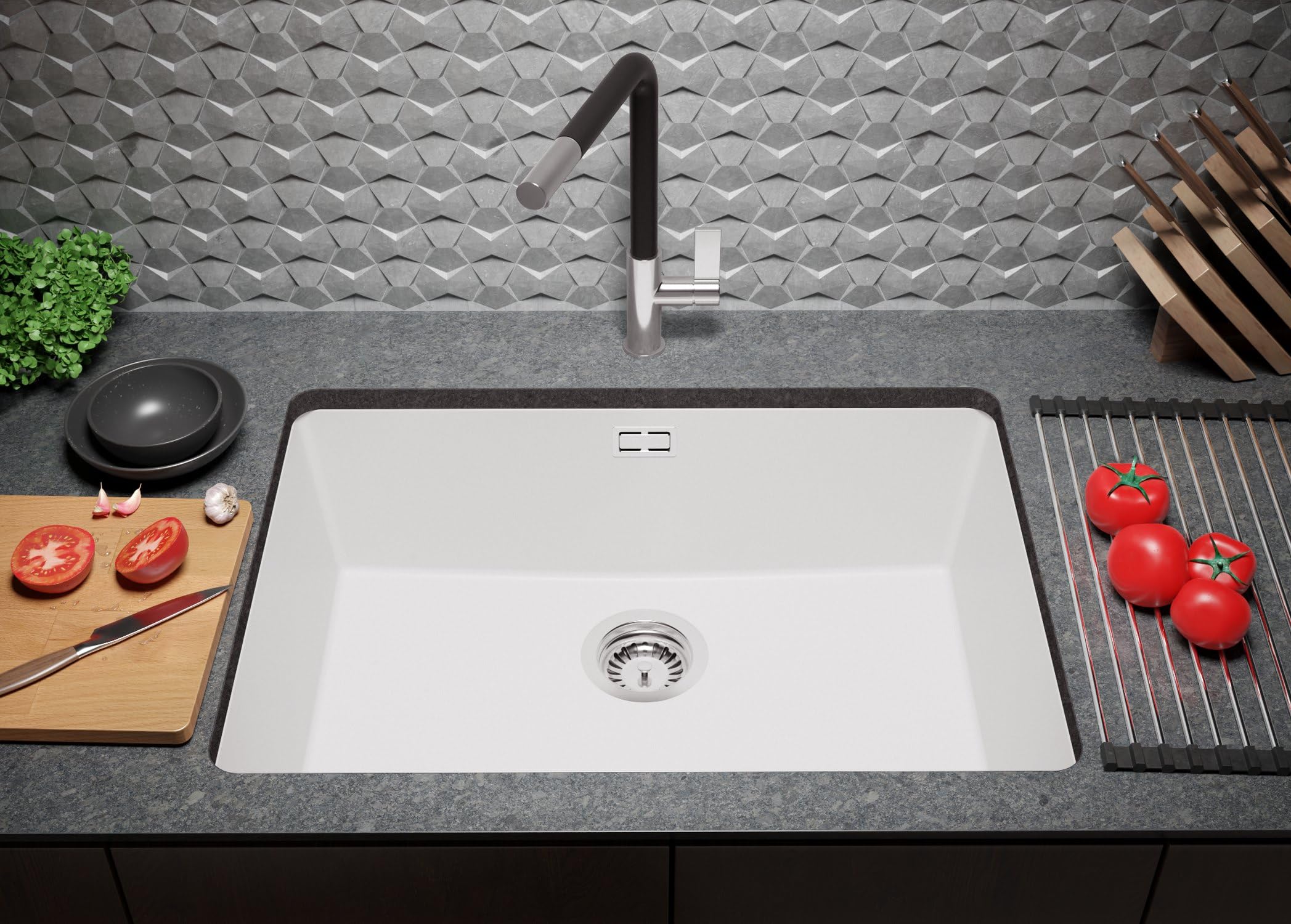 PRIMAGRAN Fregadero bajo Encimera Blanco - London, 66x47cm | Cocina 1 Seno + Sifón, Granito al Mueble 70cm (S388)