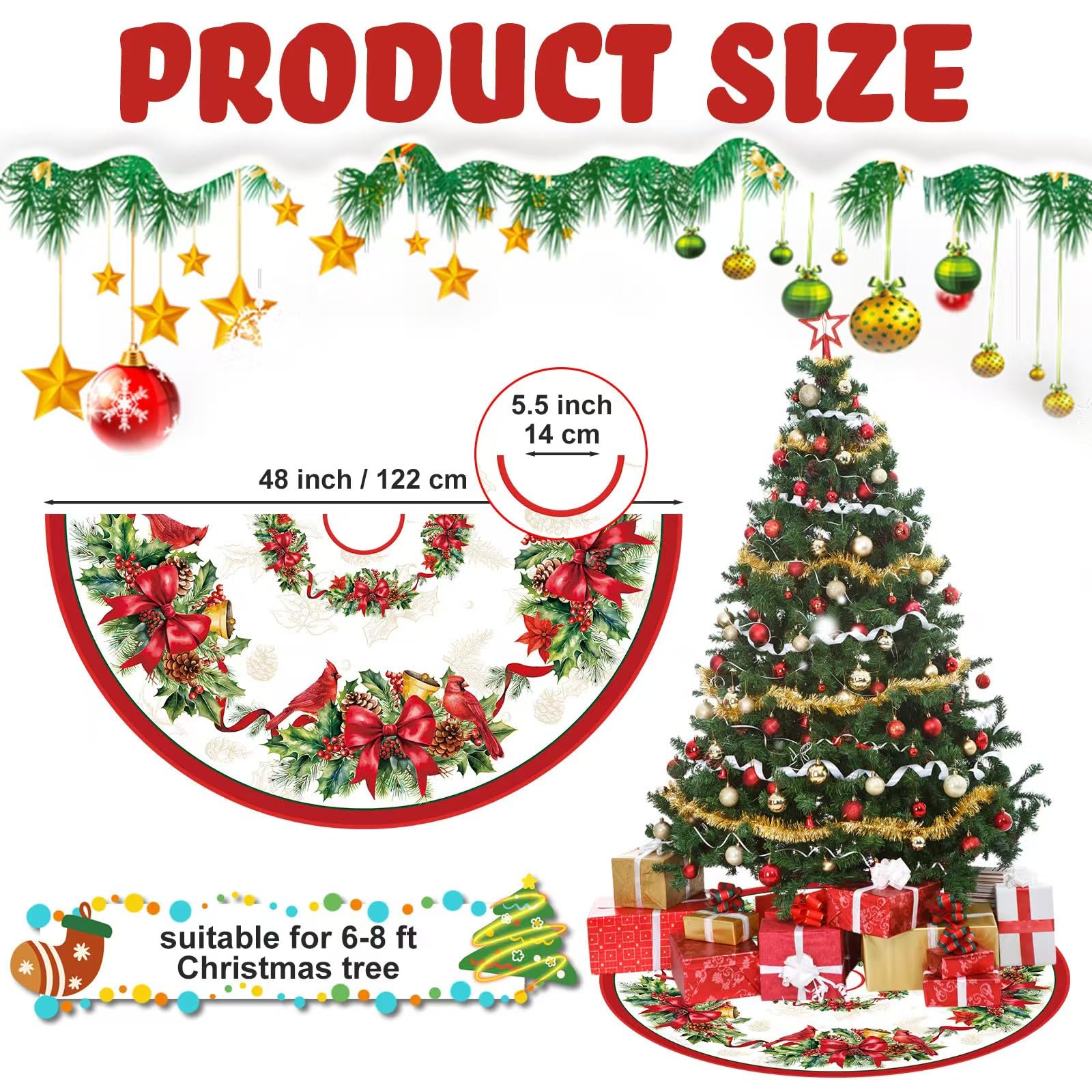 BlossomSound 48 Inch Christmas Cardinal Tree Skirt with Red Ribbon - Holly Branches Leaves Pattern - Xmas Tree Mat for Christmas Party Decoration