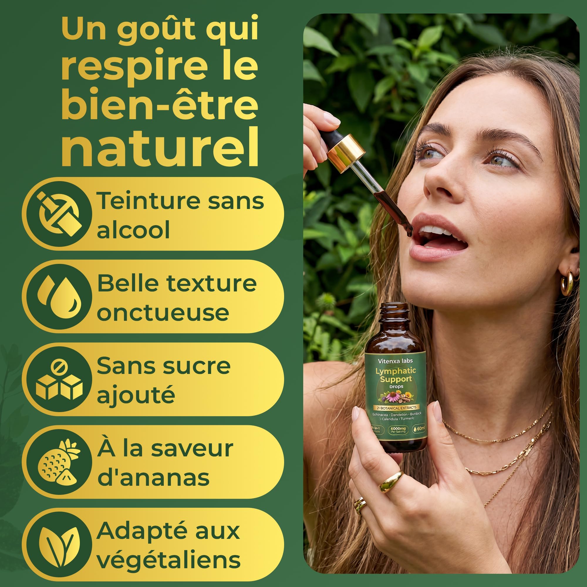 Gouttes pour le système drainage lymphatique- Extrait d'un mélange botanique 21 en 1 - Favorise l'équilibre, le bien-être et le système immunitaire - 100% naturel - Sans OGM - 60 ml