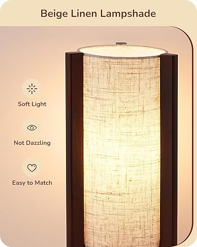 Miniatura 3 de EDISHINE Lámpara de mesa de madera, lámpara de noche pequeña de 13.5 pulgadas, pantalla de lino beige, lámpara cilíndrica de madera rosa para