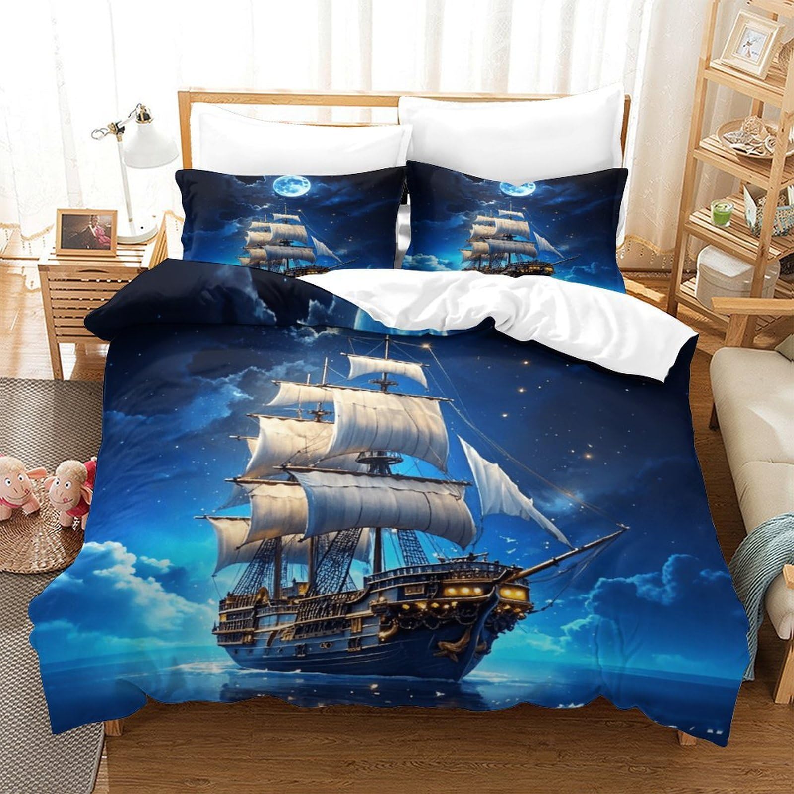 LILIlaobiao King（220x240cm） Pirate Boat Duvet Cover With Hidden Zipper, Sailboat Bedding Set with Pillowcases, Soft Microfiber Quilt Cover Set for Kids & Adults
