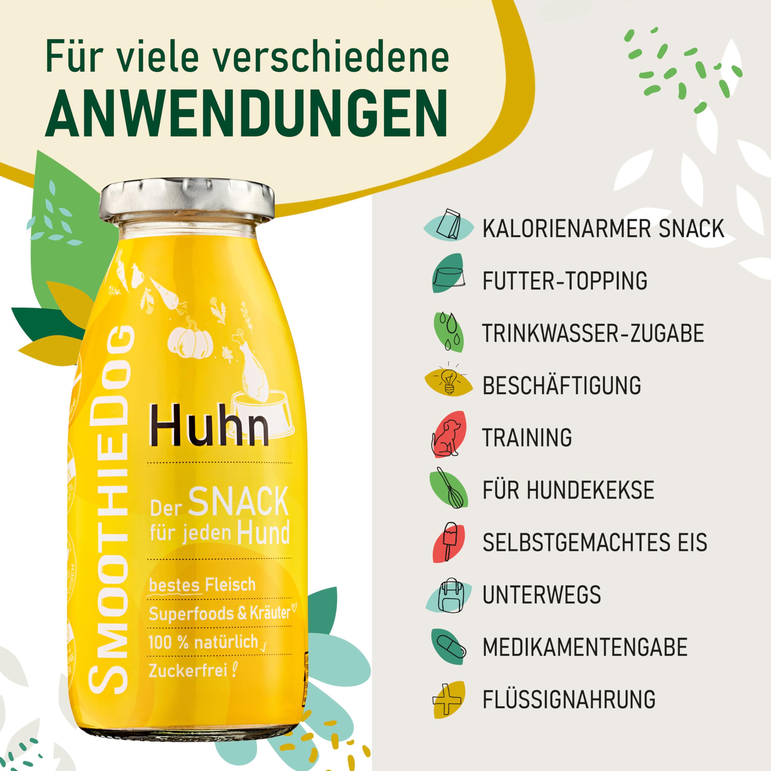 Hunde Smoothie SmoothieDog 6er Huhn + Doggyroller m. Halter, Karabiner Blau - Flüssiges Hundeleckerli - Zucker- & glutenfrei - Zubehör Hund - je 250ml
