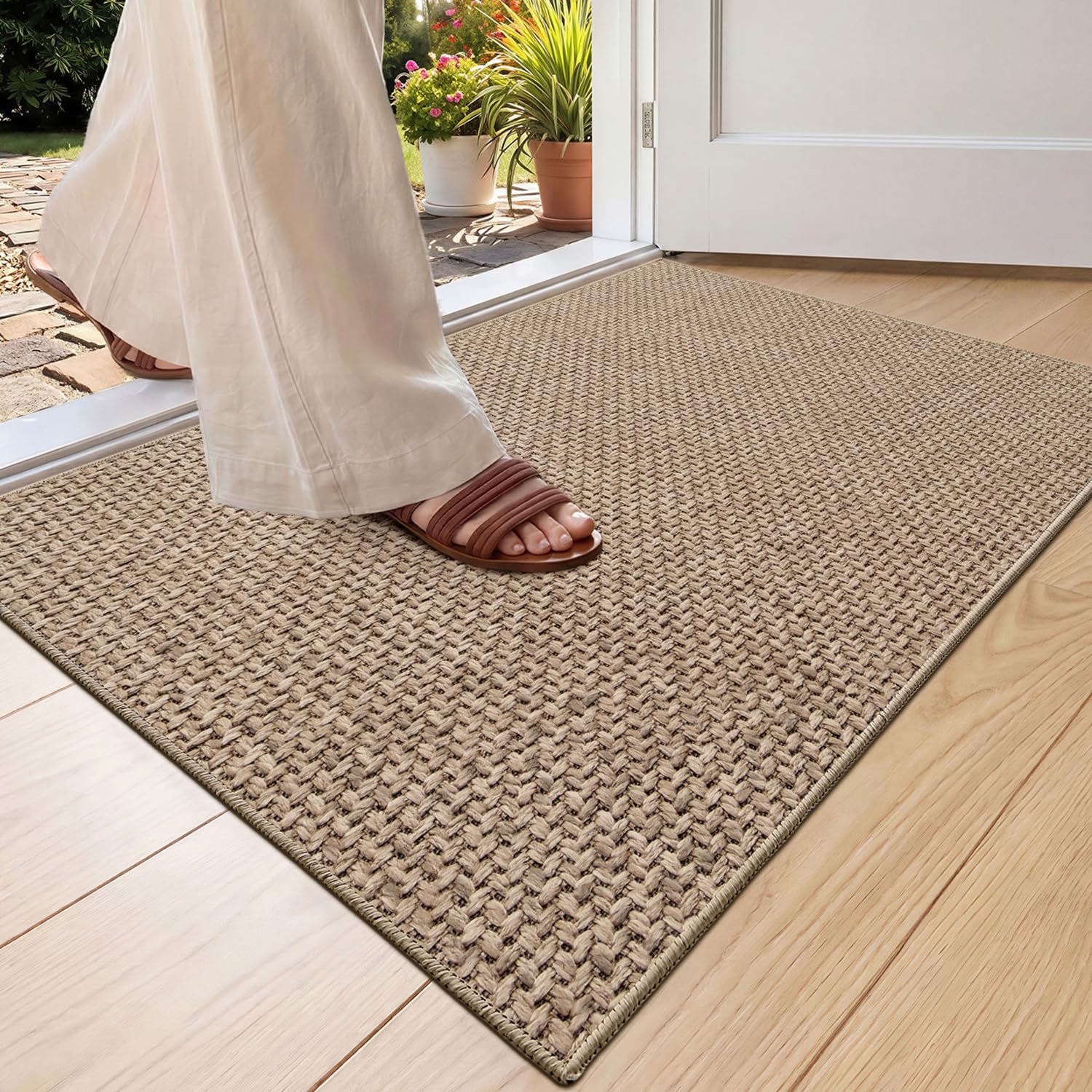 COLOR&GEOMETRY Thin Front Door Mat Indoor Entrance Non Slip Rubber Backed, 60x90cm Indoor Door Mats for Entryway, Dirt Trapper Double Doormat, Washable Front Door Rugs, Dark Beige
