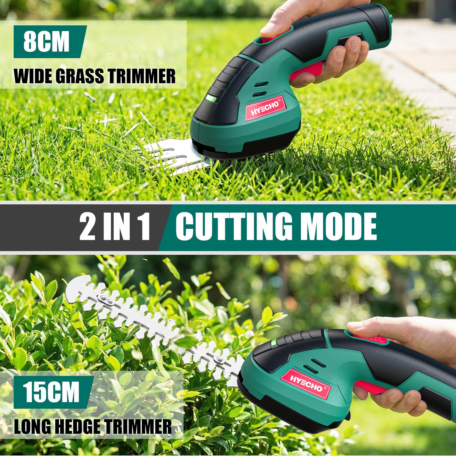 Taille Haie sans Fil, Taille Haie 2 en 1, Batterie Intégrée 7,2 V 2 Ah, 2 Lames, Taille Haie électrique avec clé de Sécurité, Convient pour Le Désherbage et l'élagage des Arbres