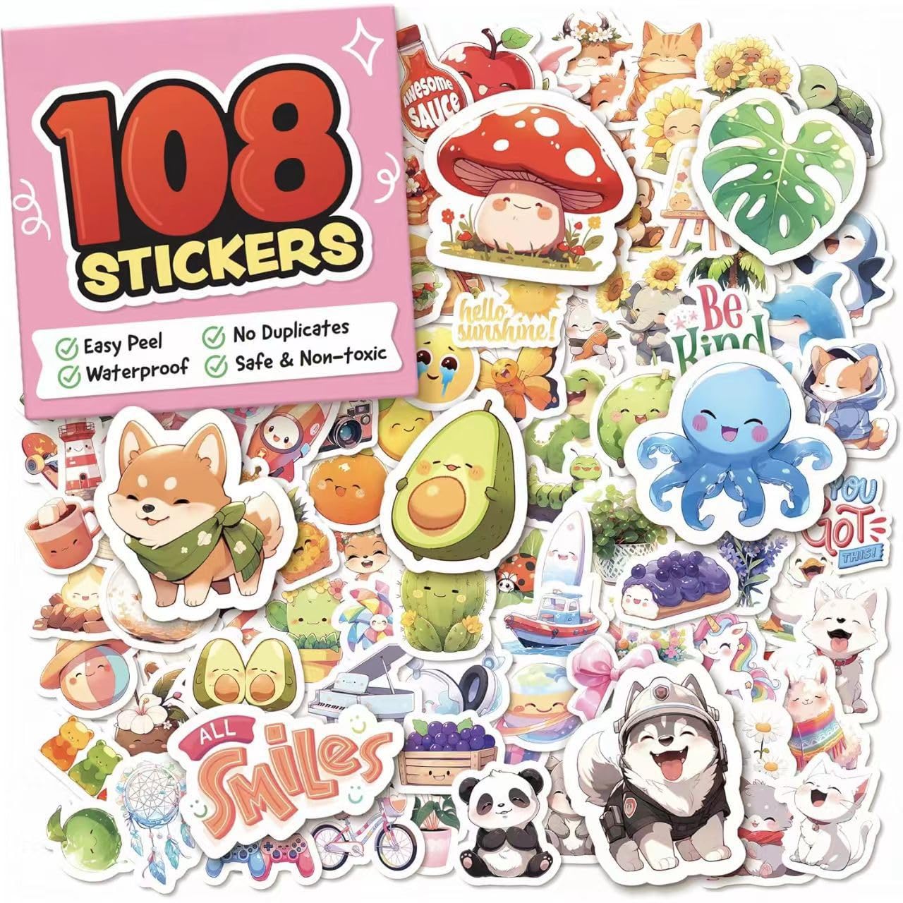Water Bottle Stickers for Kids & Teens, 108pc Waterproof Vinyl Stickers, Easy Peel and Reusable Sticker for Water Bottles, laptops, Phones, Teacher Reward, Classroom Supplies -B