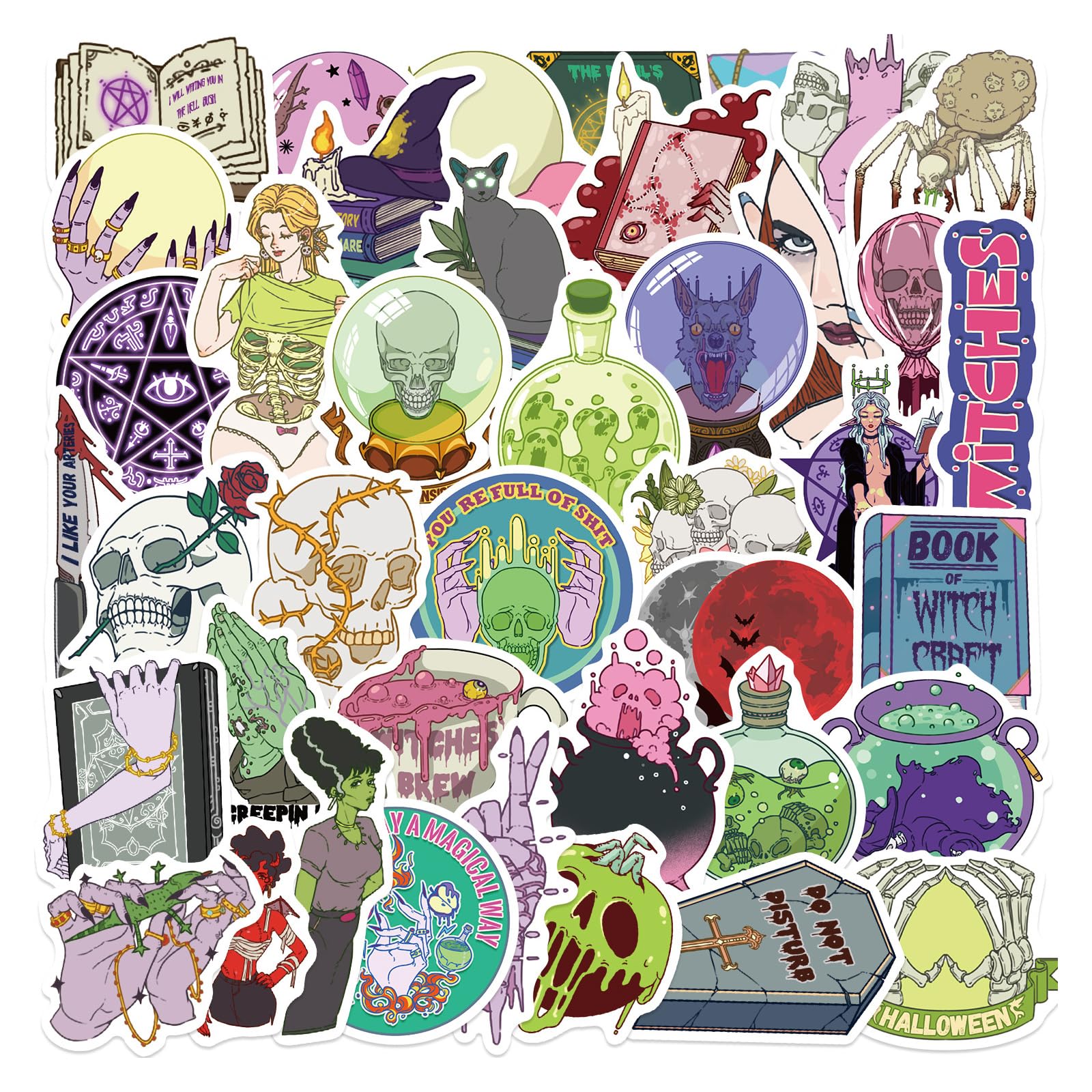 50Pieces Cartoon Witch Stickers Waterproof PVC Decals for Laptops Tablets Accessories Removable Adhesive Witch Themed Gadget Skin Stickers