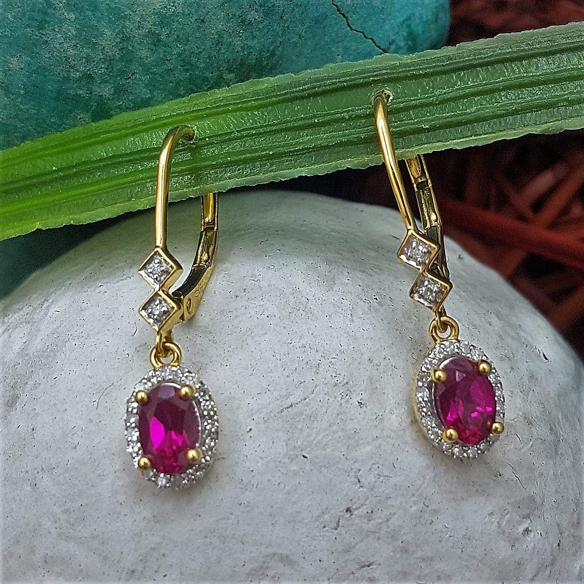 Dazzlingrock Collection 6X4mm Each Oval Lab Created Gemstone & Round Natural Diamond Women Drop Earrings, 10K Yellow Real Solid Gold - Image 4