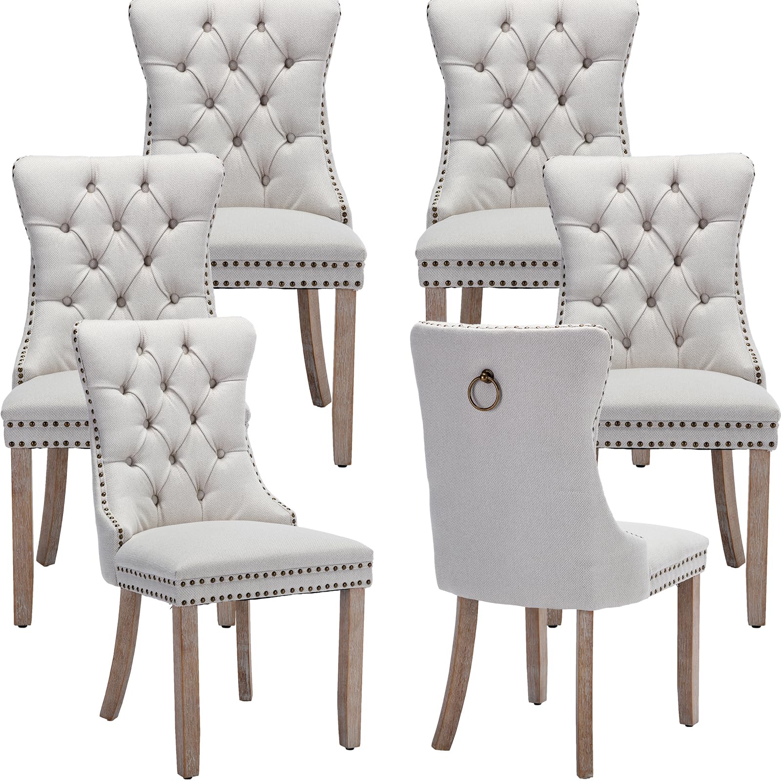 ODUSE-DAILY Beige Linen Dining Chairs Set of 6, Kitchen & Dining Room Chairs Set of 6, Tufted Dining Chairs, Upholstered, Wood Legs (Beige White, 6pcs