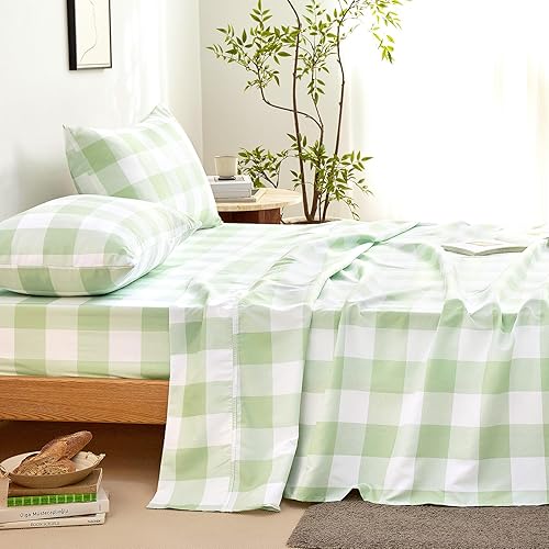 Miniatura 10 de Wake In Cloud - Sábanas de cuadros a cuadros, juego de sábanas de 4 piezas, ropa de cama estética geométrica a cuadros a cuadros, bolsillo profundo,