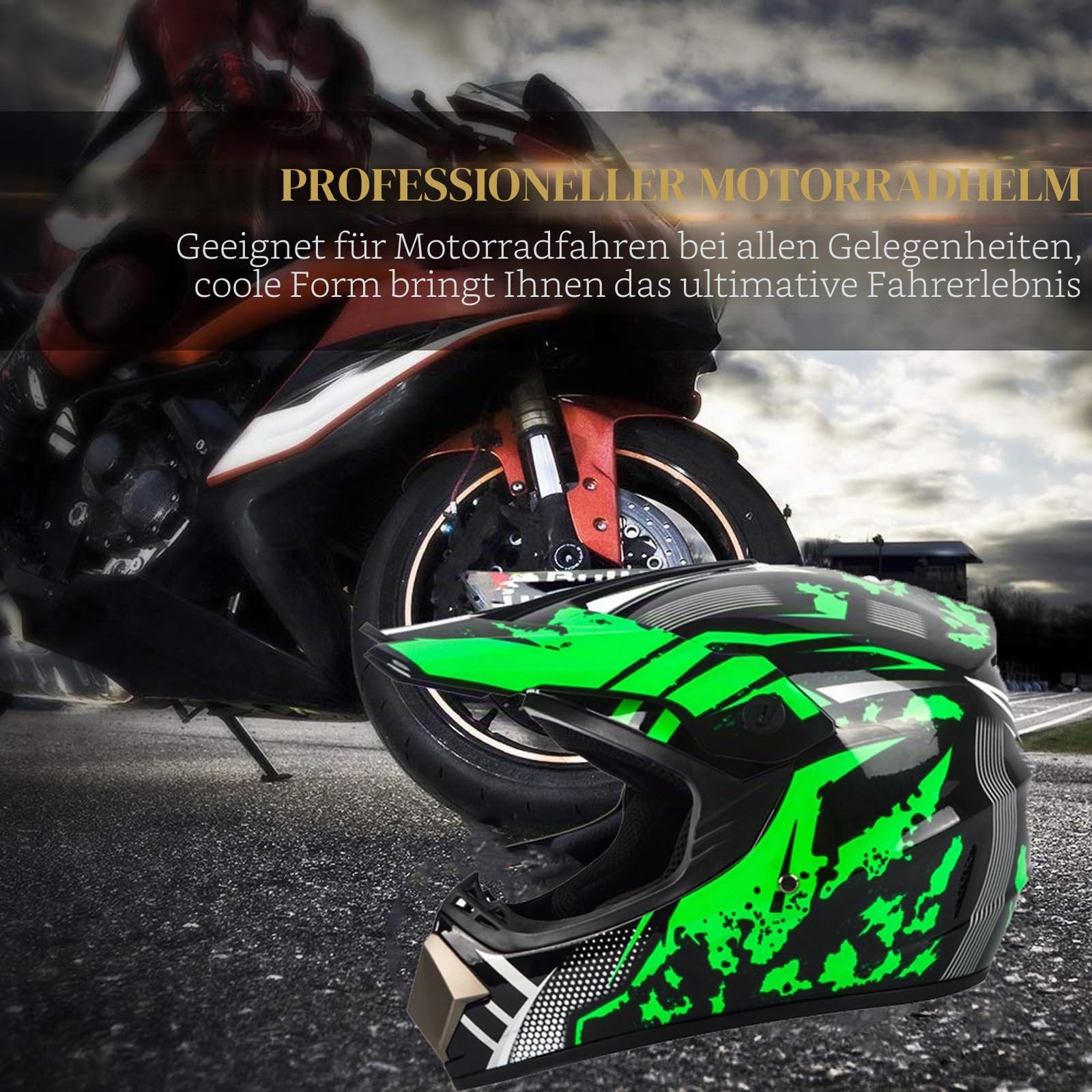 Kinder Motorradhelm,Jugend Offroad-Helme,Downhill Fullface Motocross Helm,MTB ATV MX-Helme,Crosshelme Motorradhelme,Fullface Helm MTB Mit Brille Handschuhe(B,XL(58~59cm))