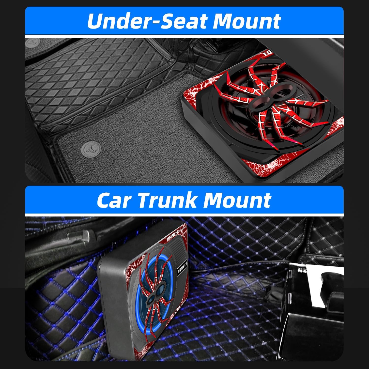 1600W 10 Slim Under Seat Subwoofers with Built-in Amp | LED Ambient Light, Deep Bass, Individual Controls (LPF/Gain/Bass Boost), High Output Distortion-Free Audio, Suitable for All Vehicle Models
