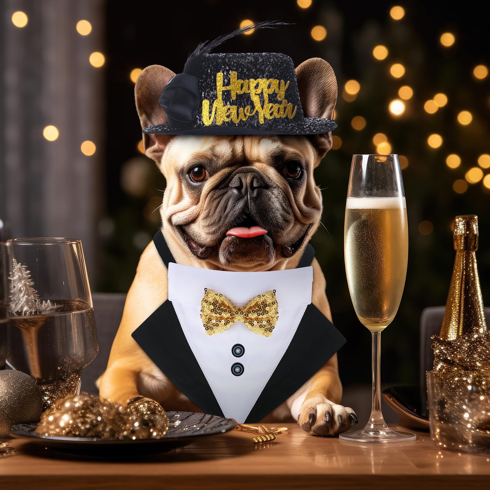 Suhine 2 piezas de disfraz de feliz año nuevo para mascotas, accesorios para perro, incluye sombrero de mascota de feliz año nuevo, collar bandana para perro con pajarita ajustable para mascotas