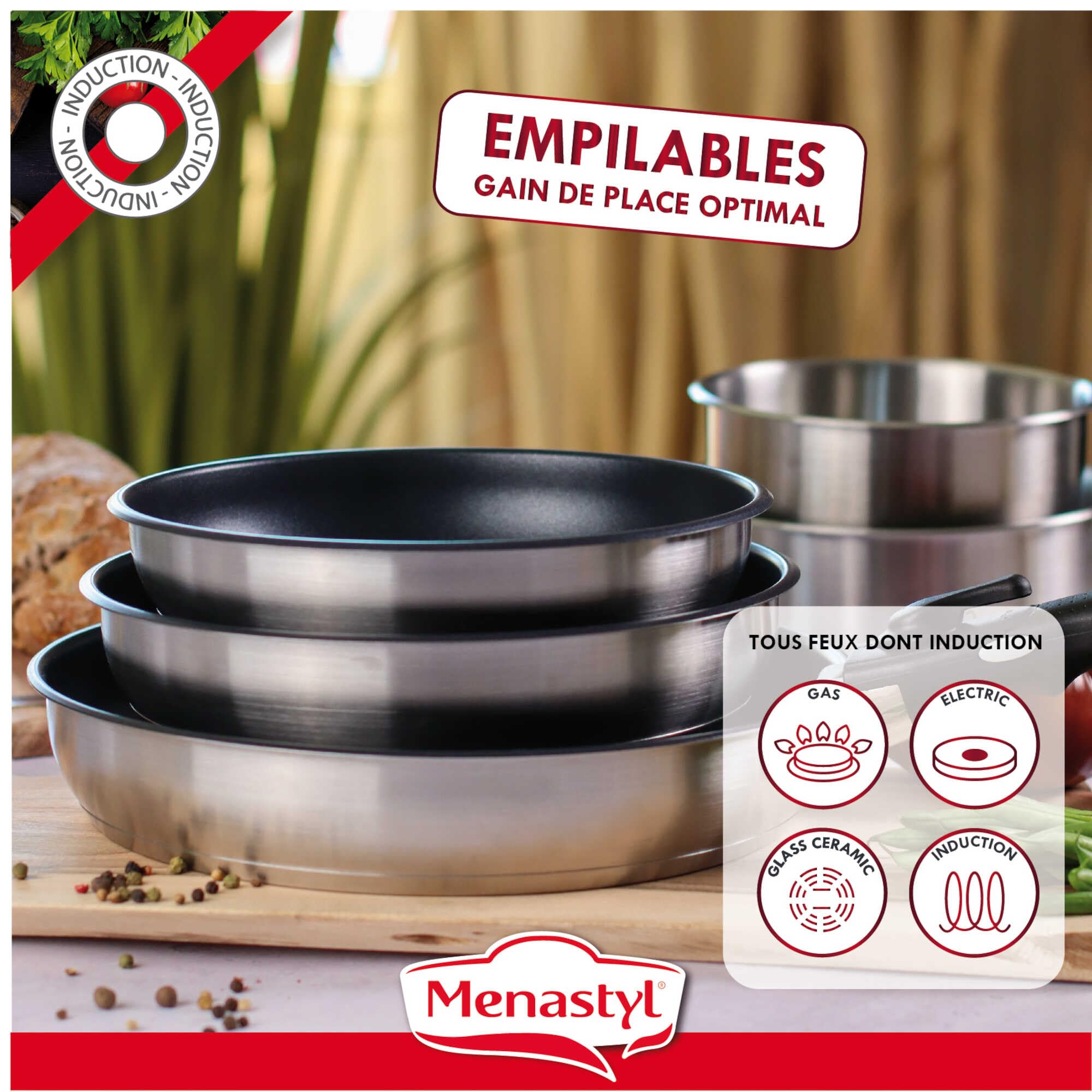 MENASTYL - Batterie de cuisine amovible 6 pièces en inox IRIS - 3 poêles + 2 casseroles + poignée amovible sécuritaire - Tous feux dont induction - Acier inoxydable - Sans PFOA/Sans BPA - 7930018