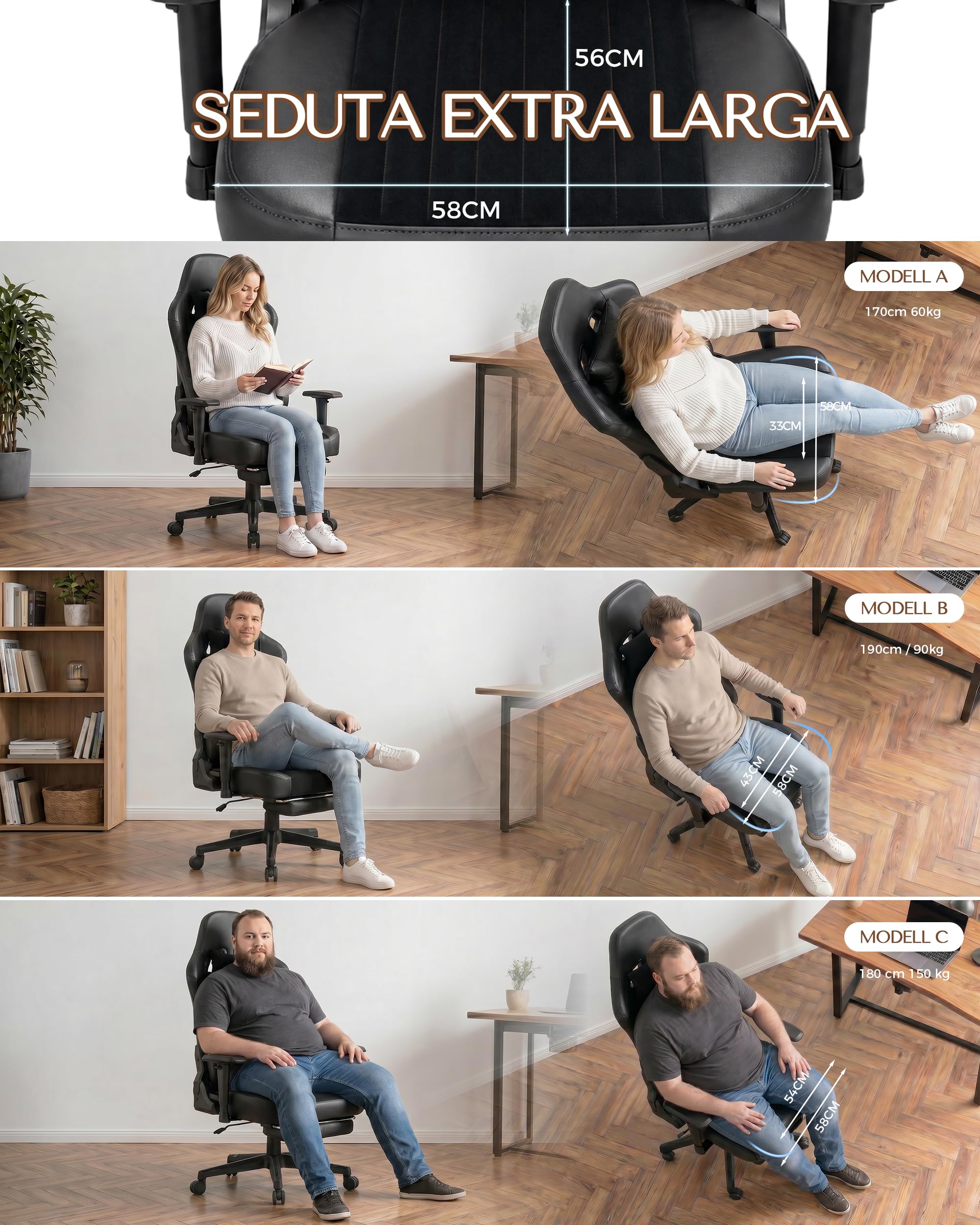 JUMMICO Sedia da Gaming XL Ergonomica per Adulti, Poltrona Ufficio Rinforzata 200kg, Braccioli 2D, Poggiapiedi Retrattile, Schienale Reclinabile 90-170°, Nero
